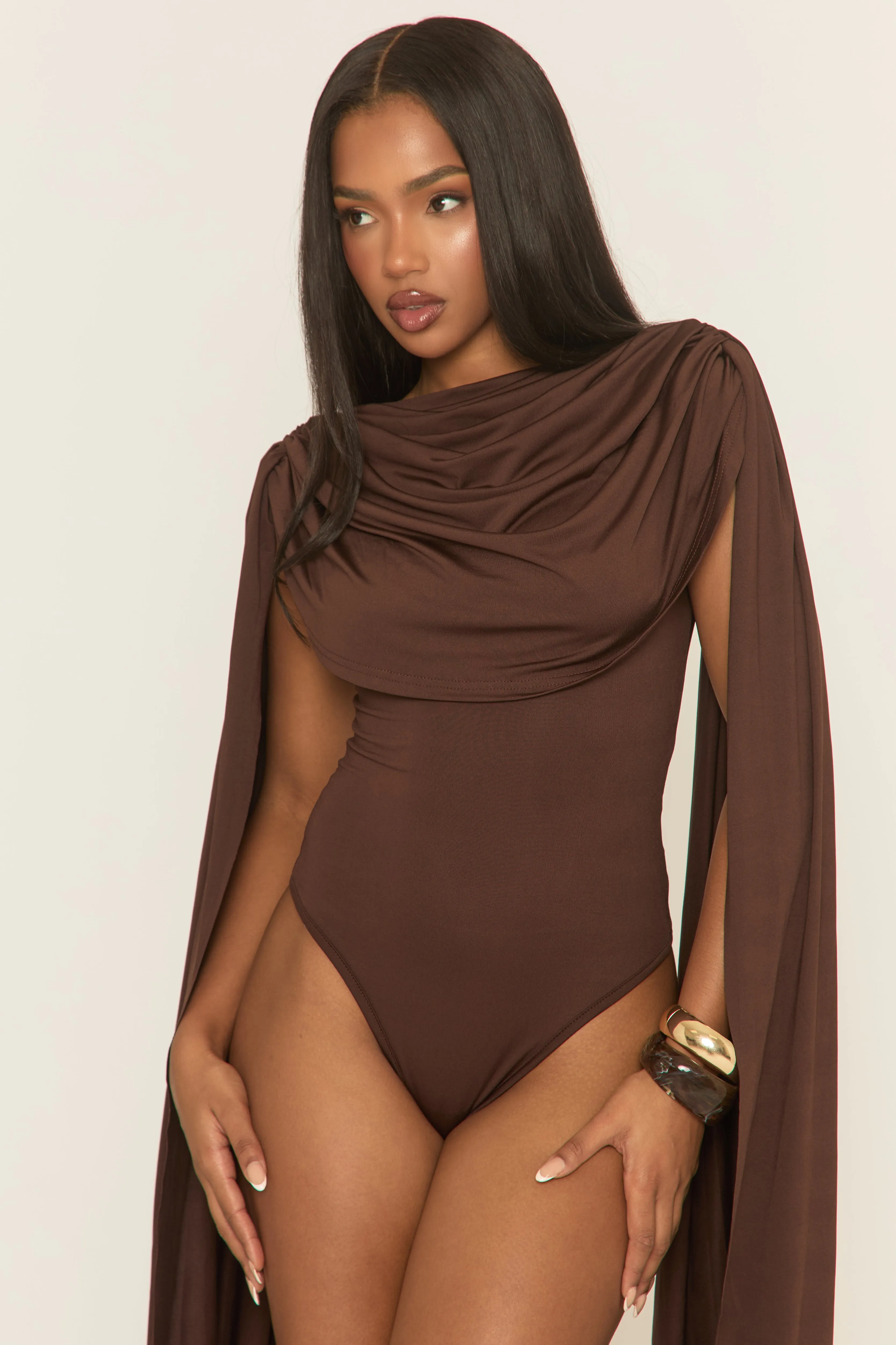 Chocolate Gathered Cape Bodysuit - Tawny sold by Rebellious Fashion product image thumbnail 4
