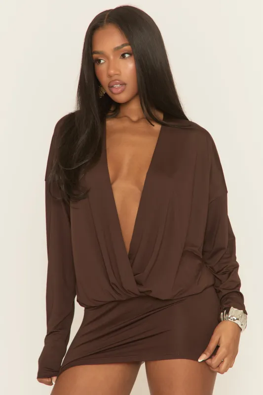 Chocolate Extreme Plunge Wrap Long Sleeve Mini Dress - Azmina made by Rebellious Fashion