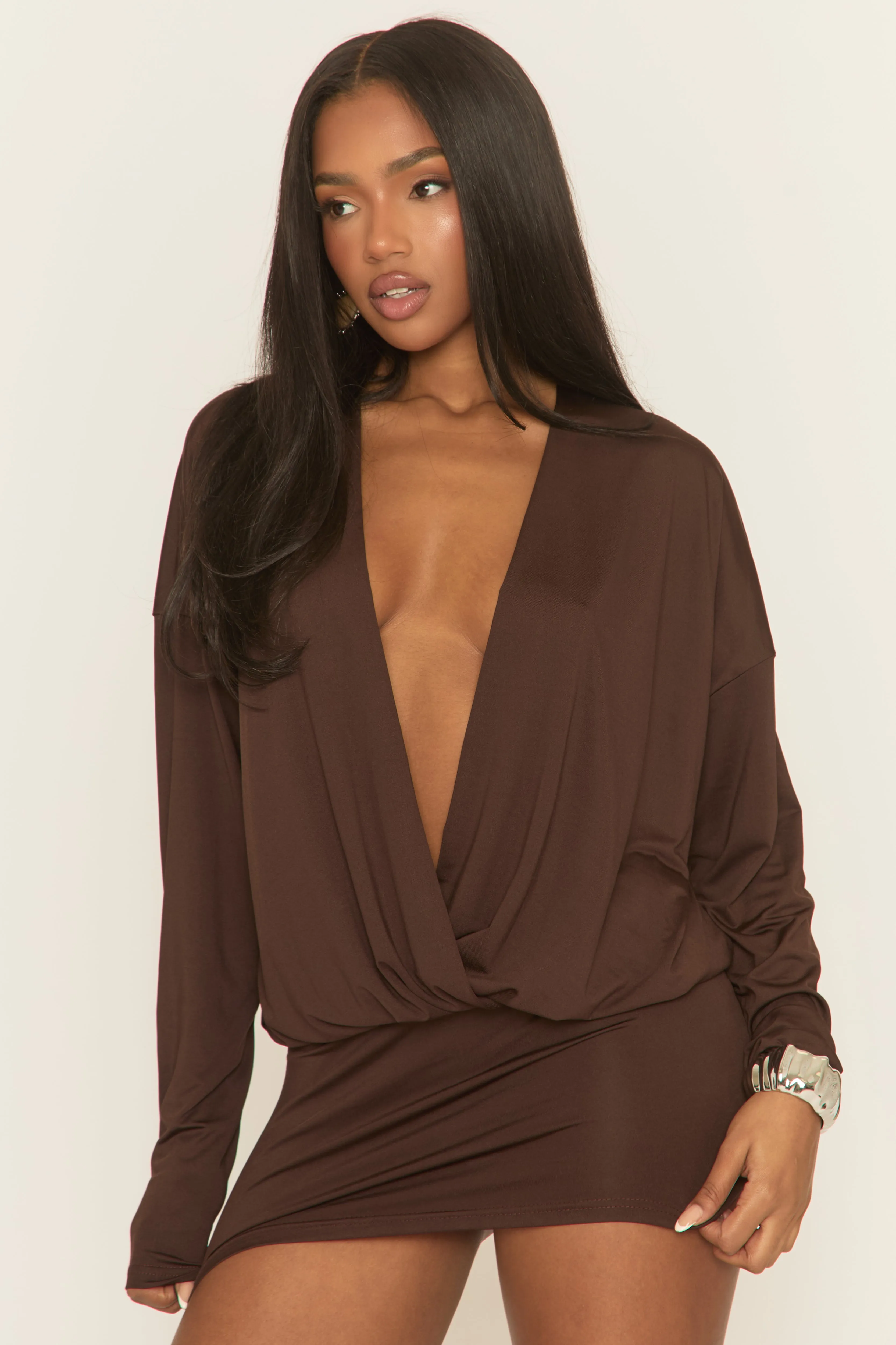 Chocolate Extreme Plunge Wrap Long Sleeve Mini Dress - Azmina sold by Rebellious Fashion
