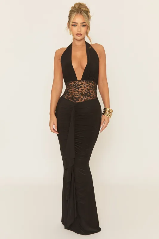 Black Plunge Neck Lace Insert Maxi Dress - Minal sold by Rebellious Fashion