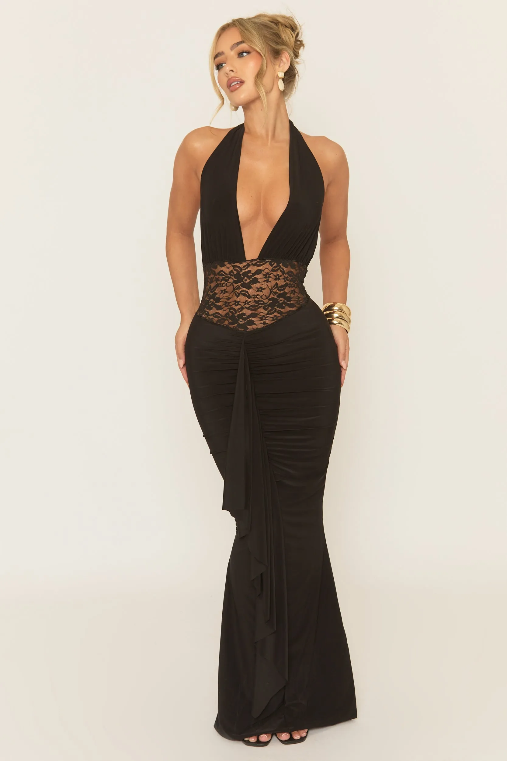 Black Plunge Neck Lace Insert Maxi Dress - Minal sold by Rebellious Fashion product image thumbnail 4