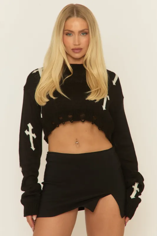 Black Cross Print Distressed Crop Knit Jumper - Sanah sold by Rebellious Fashion