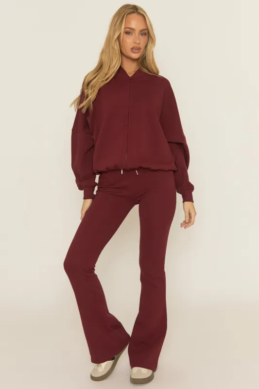 Wine Zip Front Bomber And Flare Joggers Loungewear Co-ord Set - Lonie sold by Rebellious Fashion