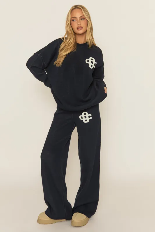 Navy Contrast Motif Knit Loungewear Co-ord Set - Regan sold by Rebellious Fashion