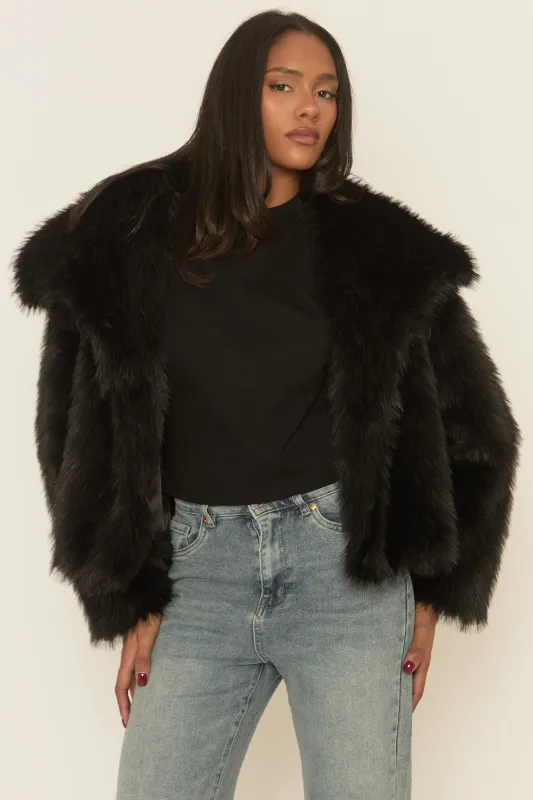 Black Collared Faux Fur Coat - Elenita sold by Rebellious Fashion