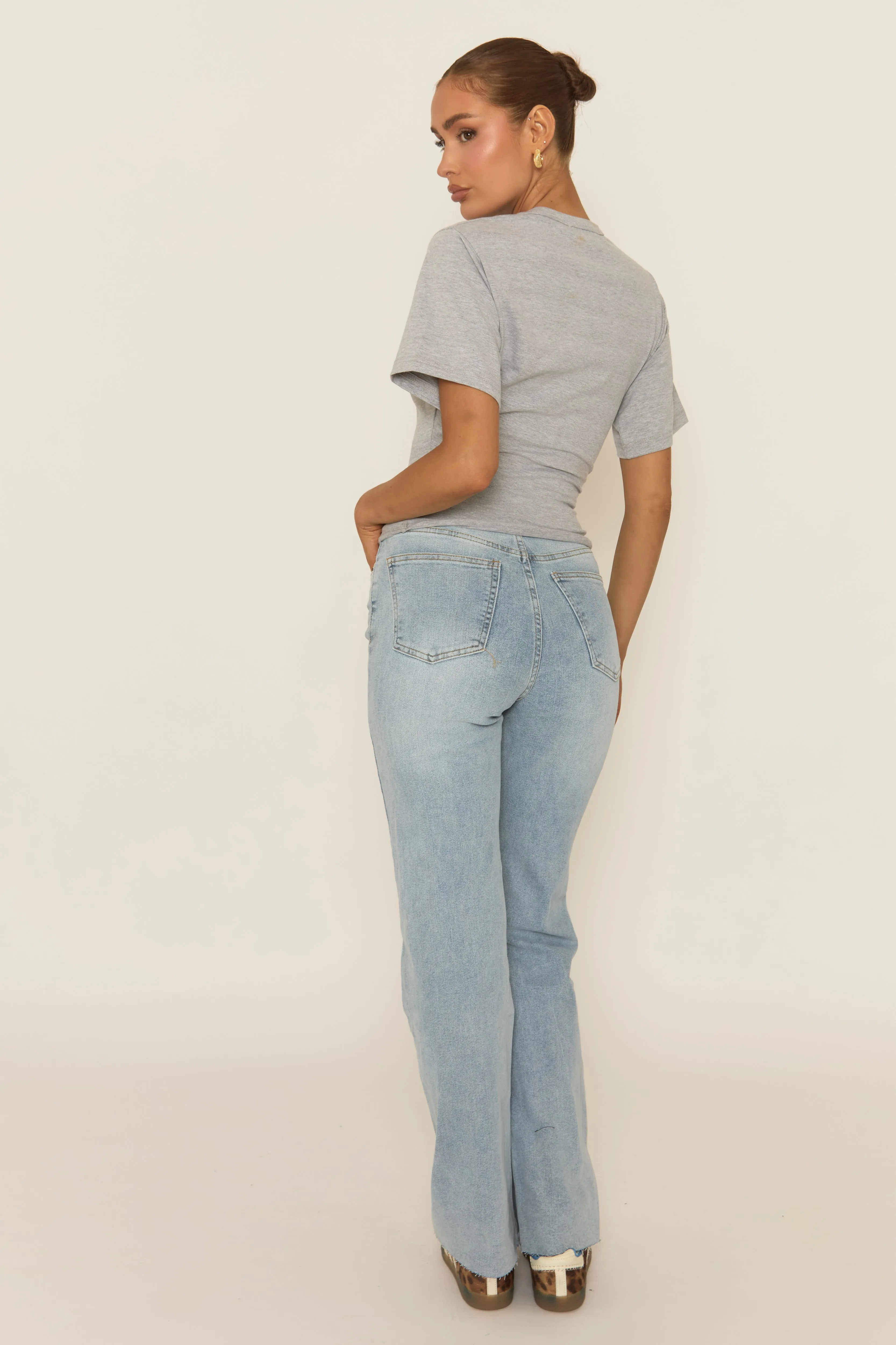 Petite Mid Blue Washed Stretch Straight Leg Jeans - Scarlett sold by Rebellious Fashion product image thumbnail 4