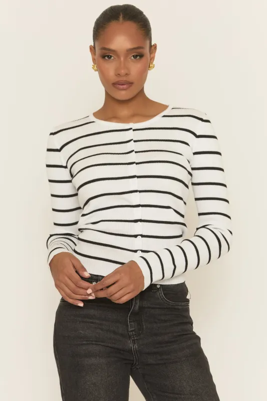 White Striped Rib Knit Button up Top - Tulisa sold by Rebellious Fashion