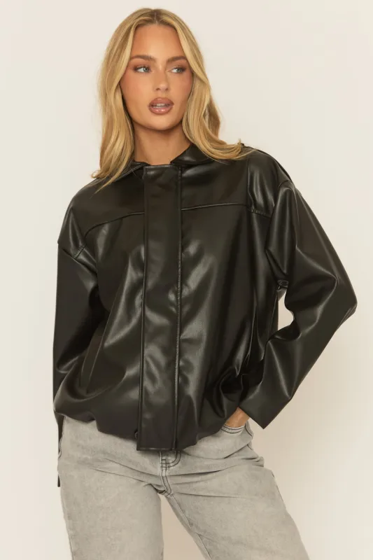 Black Faux Leather Bomber Jacket - Brittany sold by Rebellious Fashion