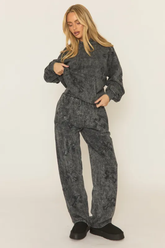 Charcoal Acid Wash Cross Patch Detail Hoodie and Joggers Loungewear Co-ord Set - Kelani sold by Rebellious Fashion