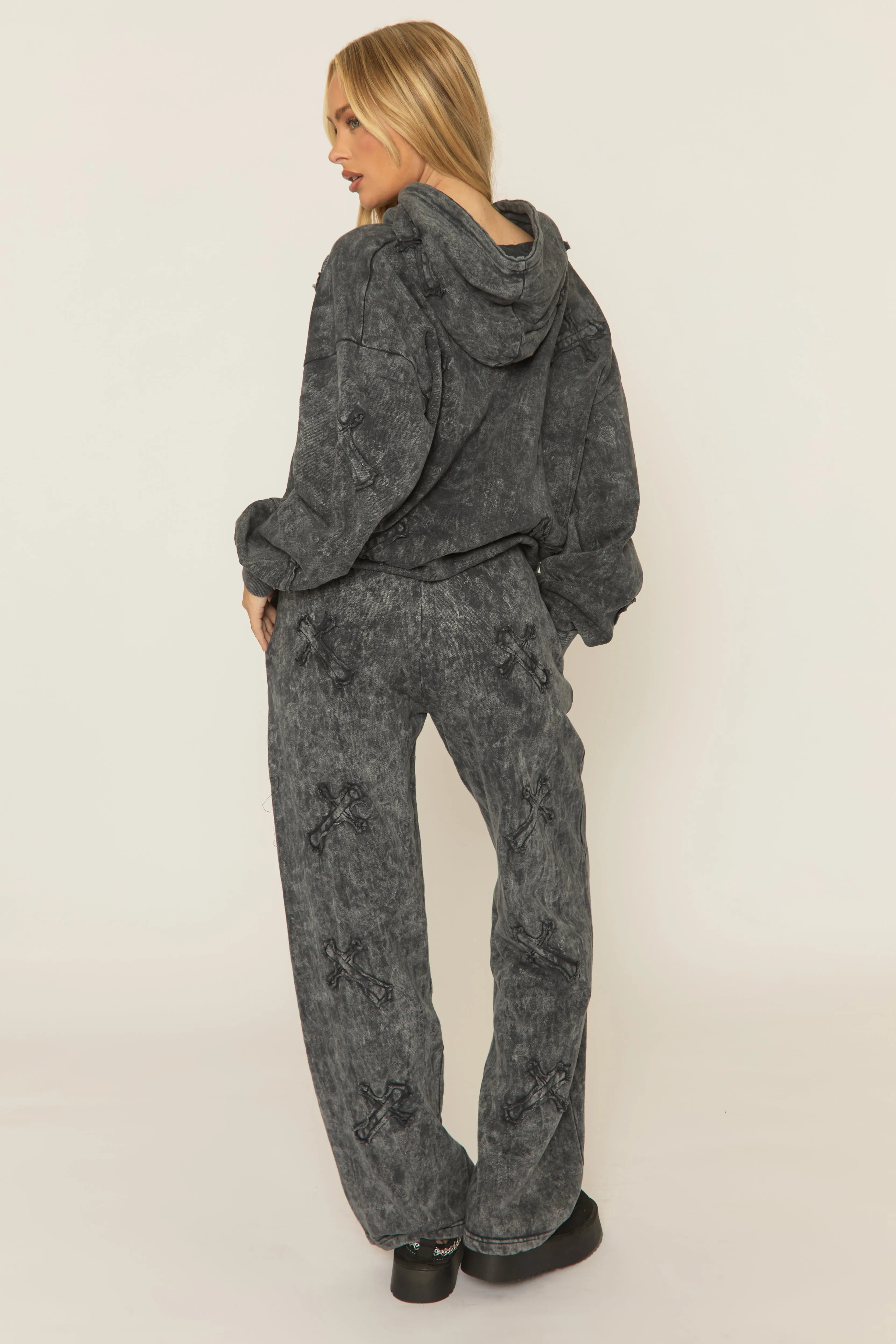 Charcoal Acid Wash Cross Patch Detail Hoodie and Joggers Loungewear Co-ord Set - Kelani sold by Rebellious Fashion product image thumbnail 5