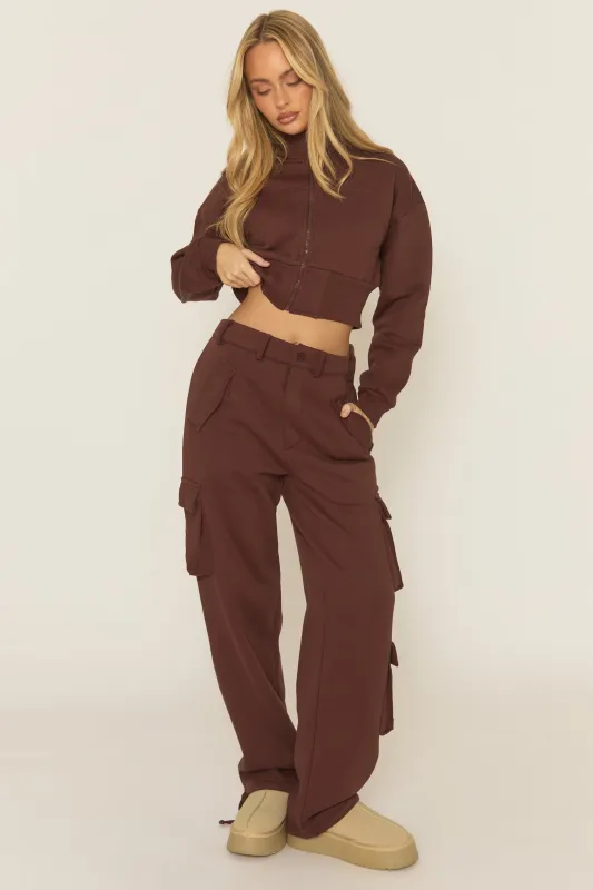 Chocolate Cropped Cargo Loungewear Co-ord Set - Lizzie sold by Rebellious Fashion