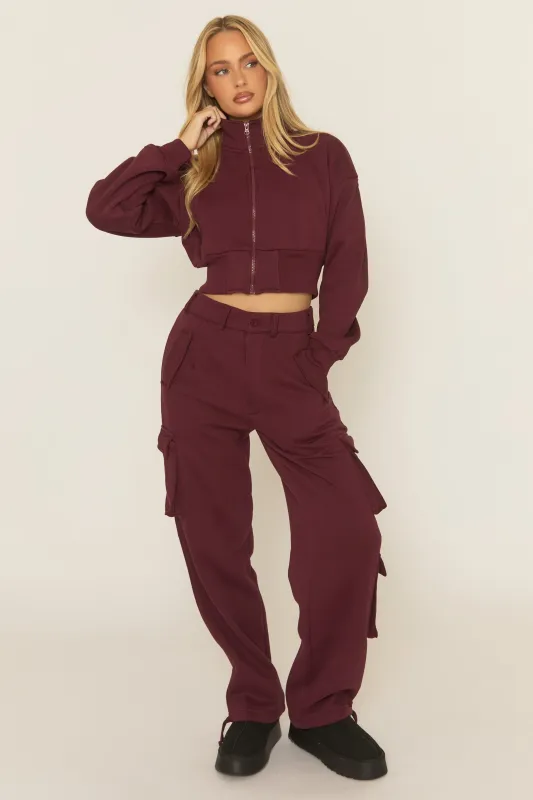 Wine Cropped Cargo Loungewear Co-ord Set - Lizzie sold by Rebellious Fashion