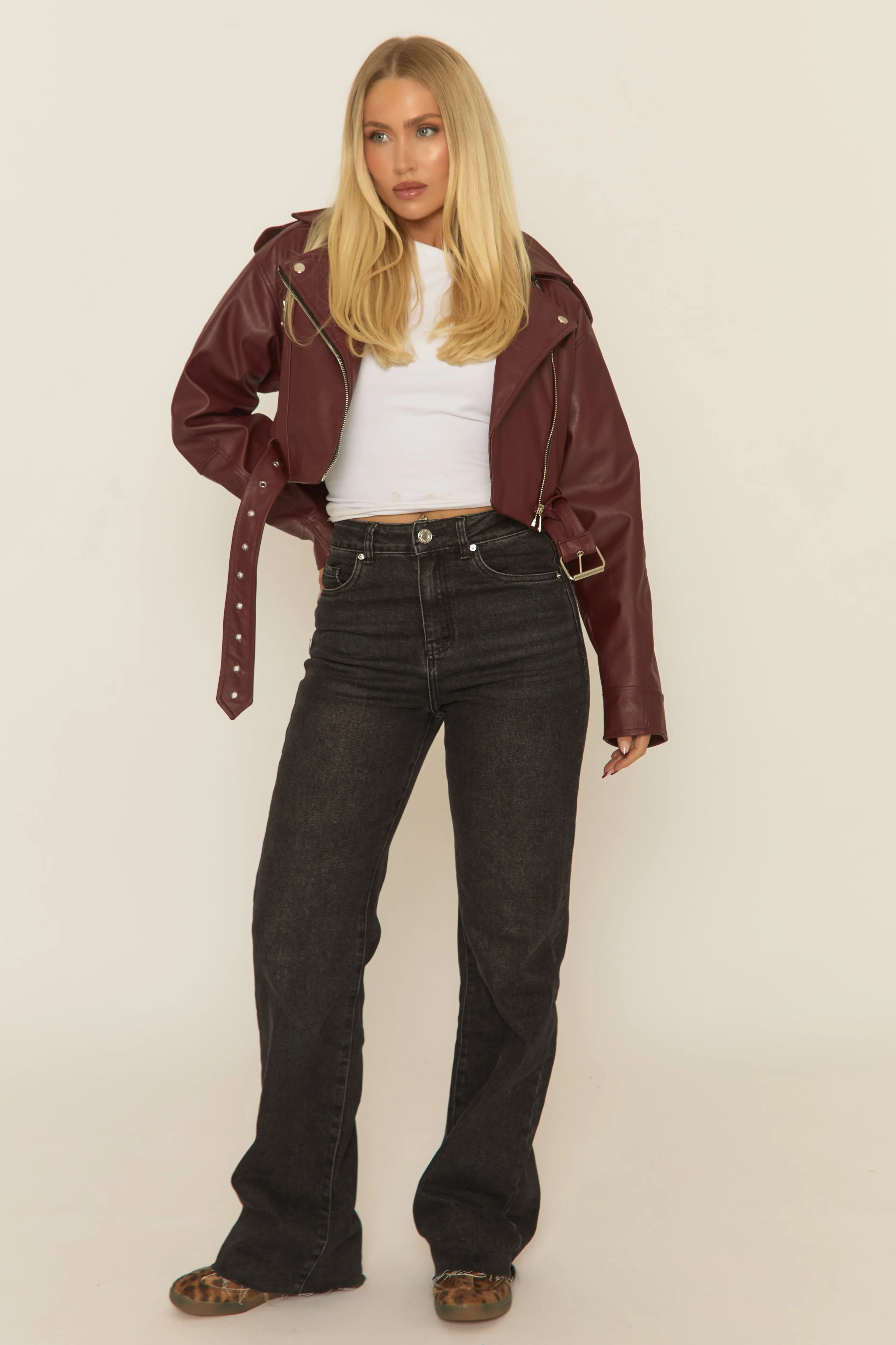 Wine PU Cropped Biker Jacket - Dariah sold by Rebellious Fashion product image thumbnail 4