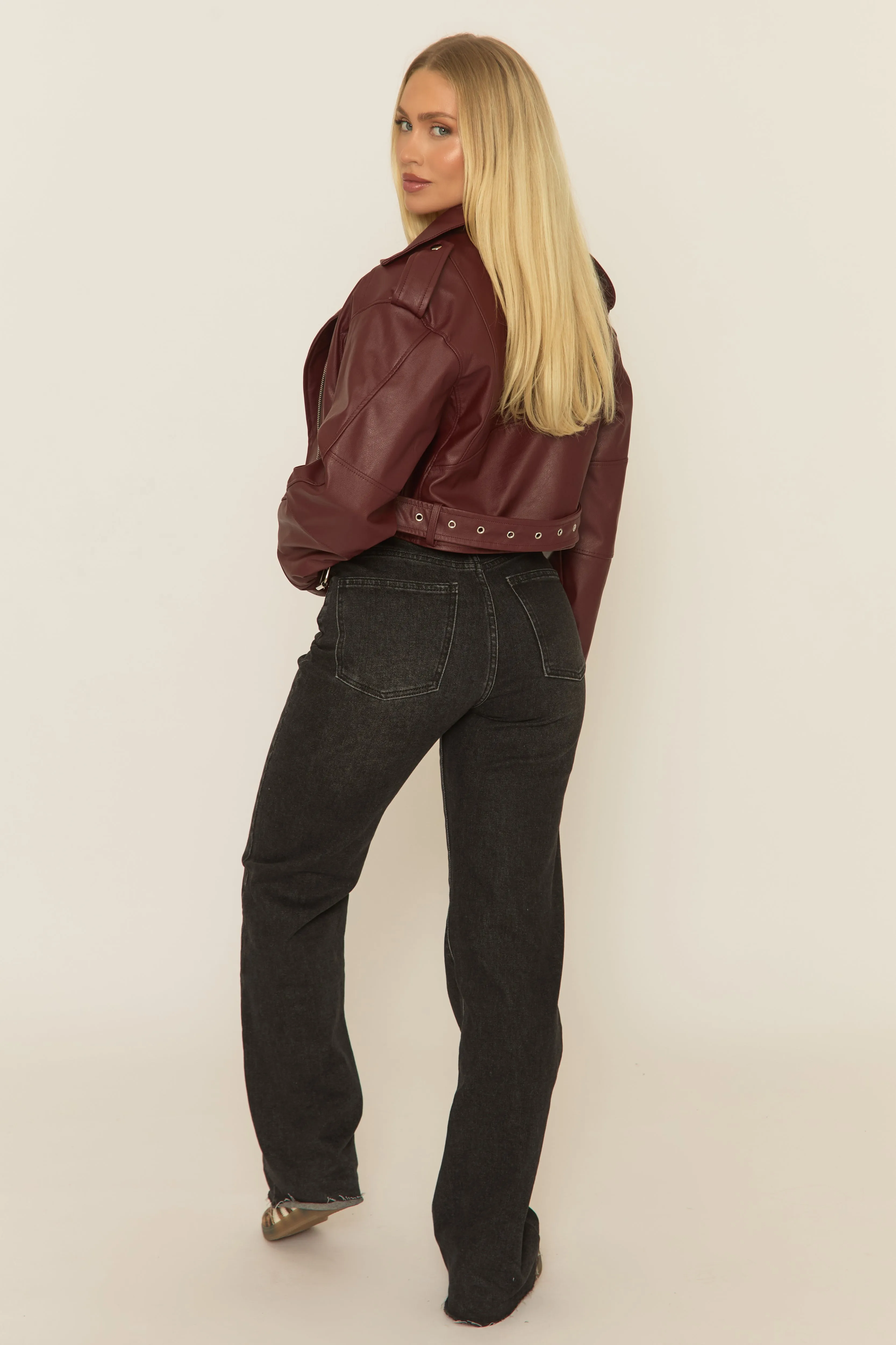 Wine PU Cropped Biker Jacket - Dariah sold by Rebellious Fashion product image thumbnail 5
