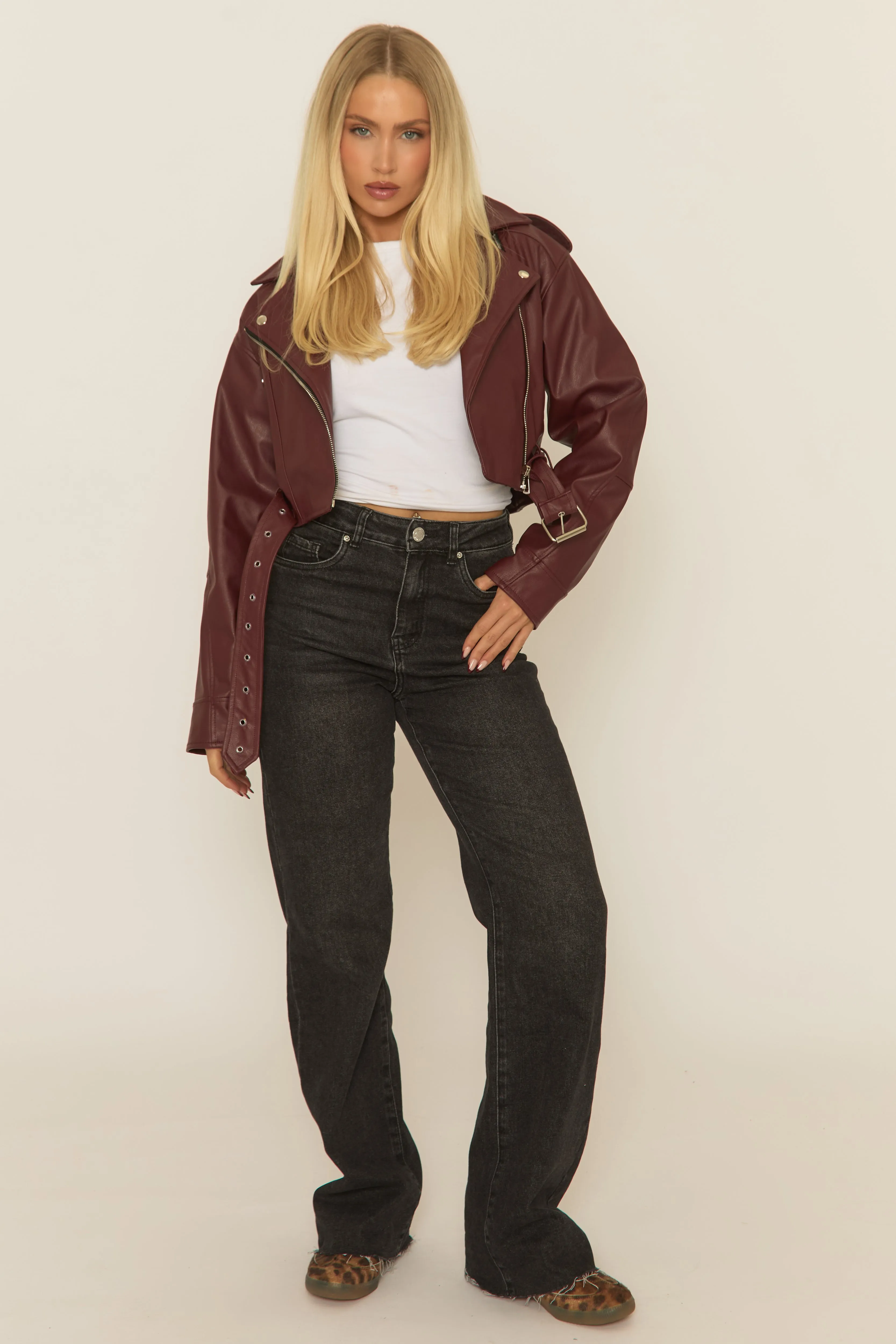 Wine PU Cropped Biker Jacket - Dariah sold by Rebellious Fashion product image thumbnail 2