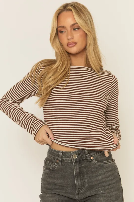 Brown Stripe Long Sleeve Top - Landen sold by Rebellious Fashion