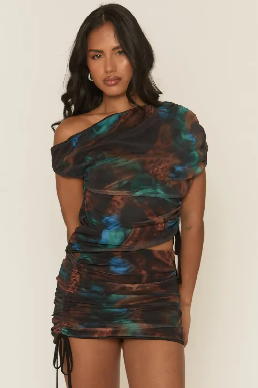 Blue Printed Asymmetric Top and Mini Skirt Co-Ord Set - Samie sold by Rebellious Fashion