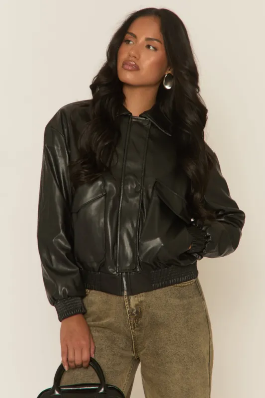 Black Faux Leather Collared Zip Front Bomber Jacket - Tamsyn sold by Rebellious Fashion