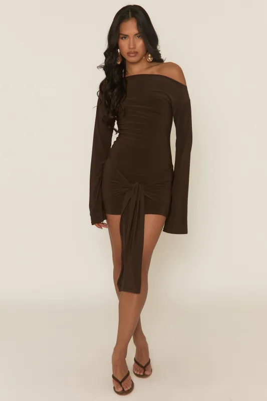 Chocolate Long Flared Sleeves Drape Detail Bodycon Mini Dress - Maya sold by Rebellious Fashion