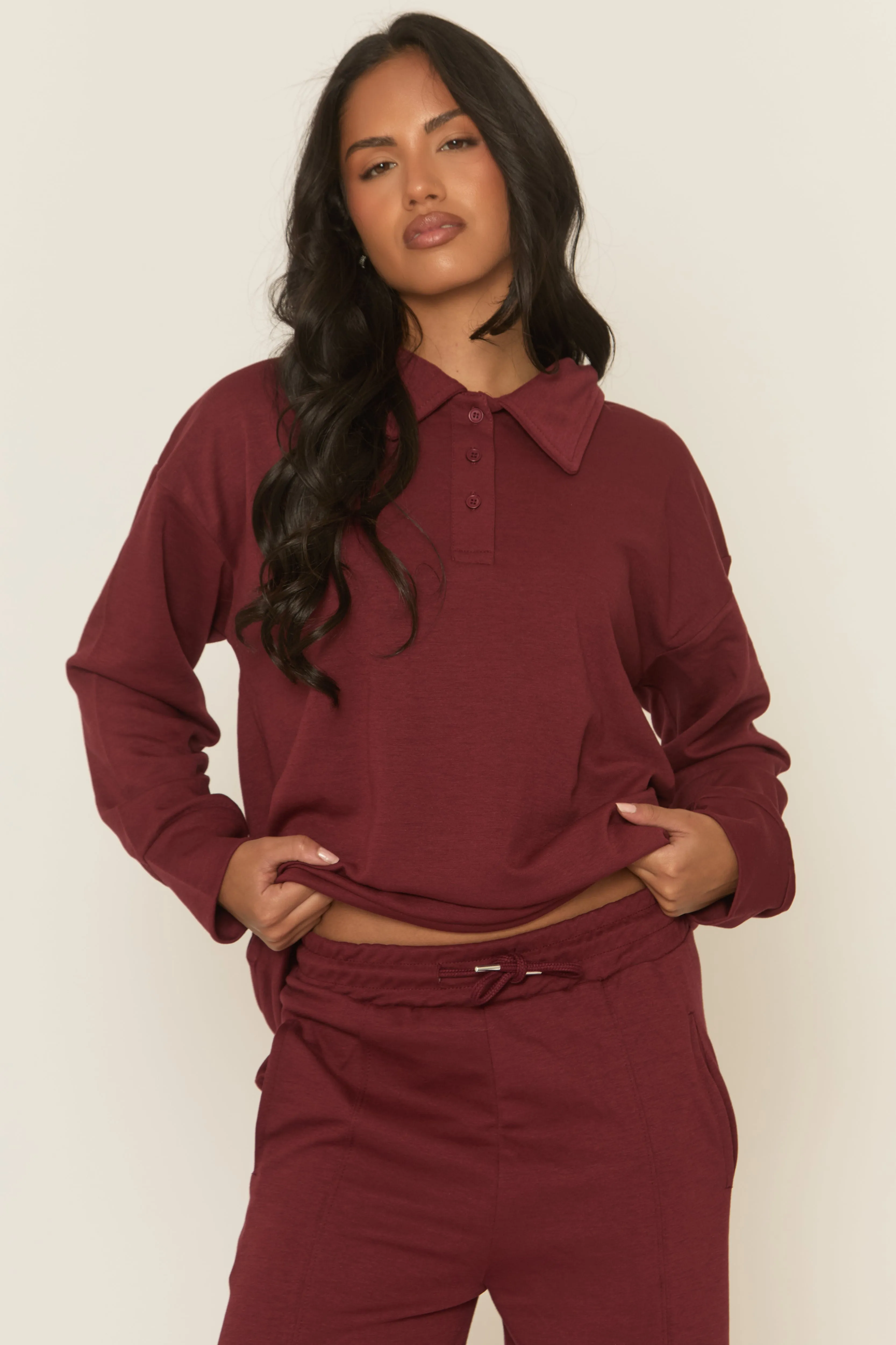 Wine Polo Collared Loungewear Co-ord Set - Madisyn sold by Rebellious Fashion product image thumbnail 3