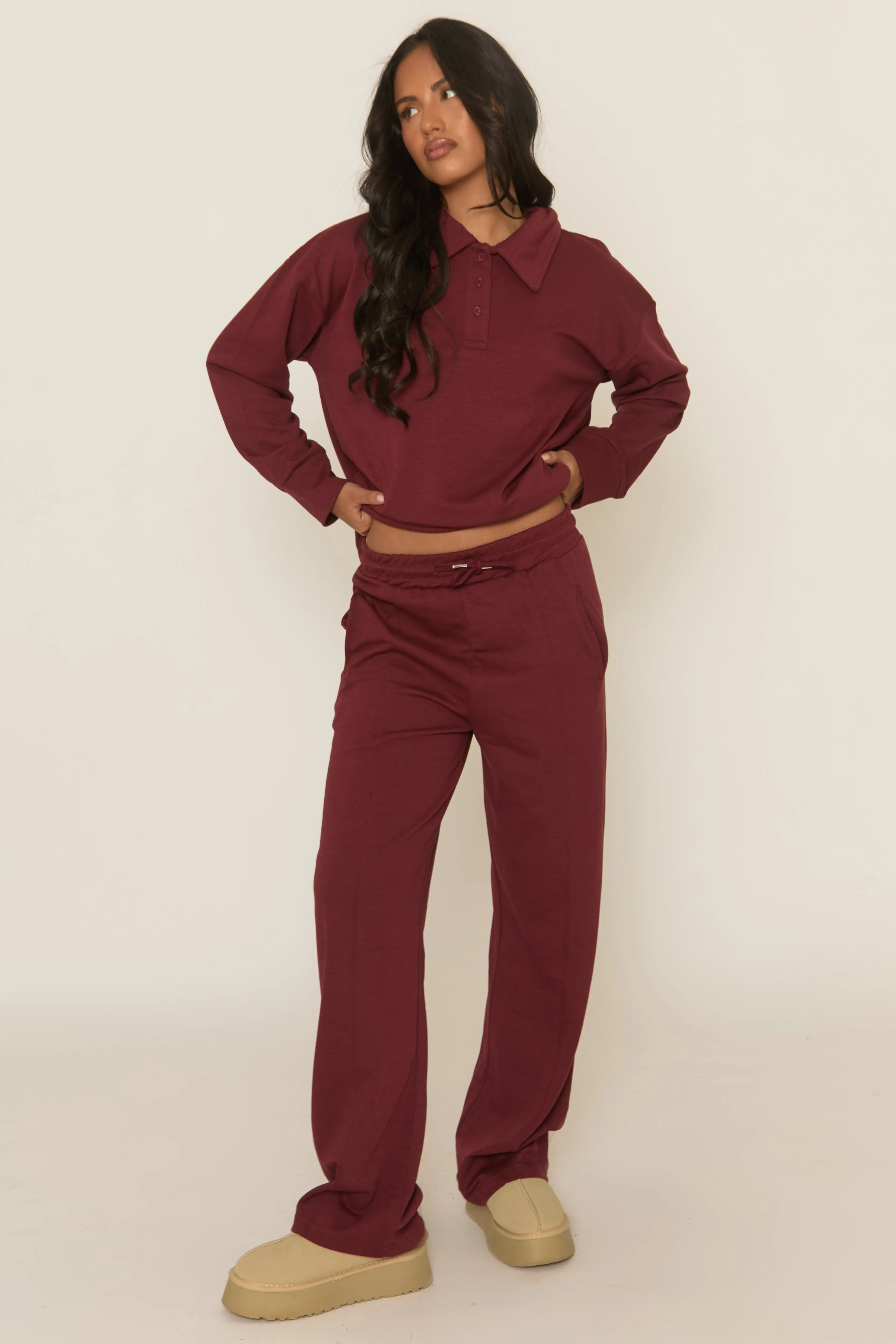 Wine Polo Collared Loungewear Co-ord Set - Madisyn sold by Rebellious Fashion