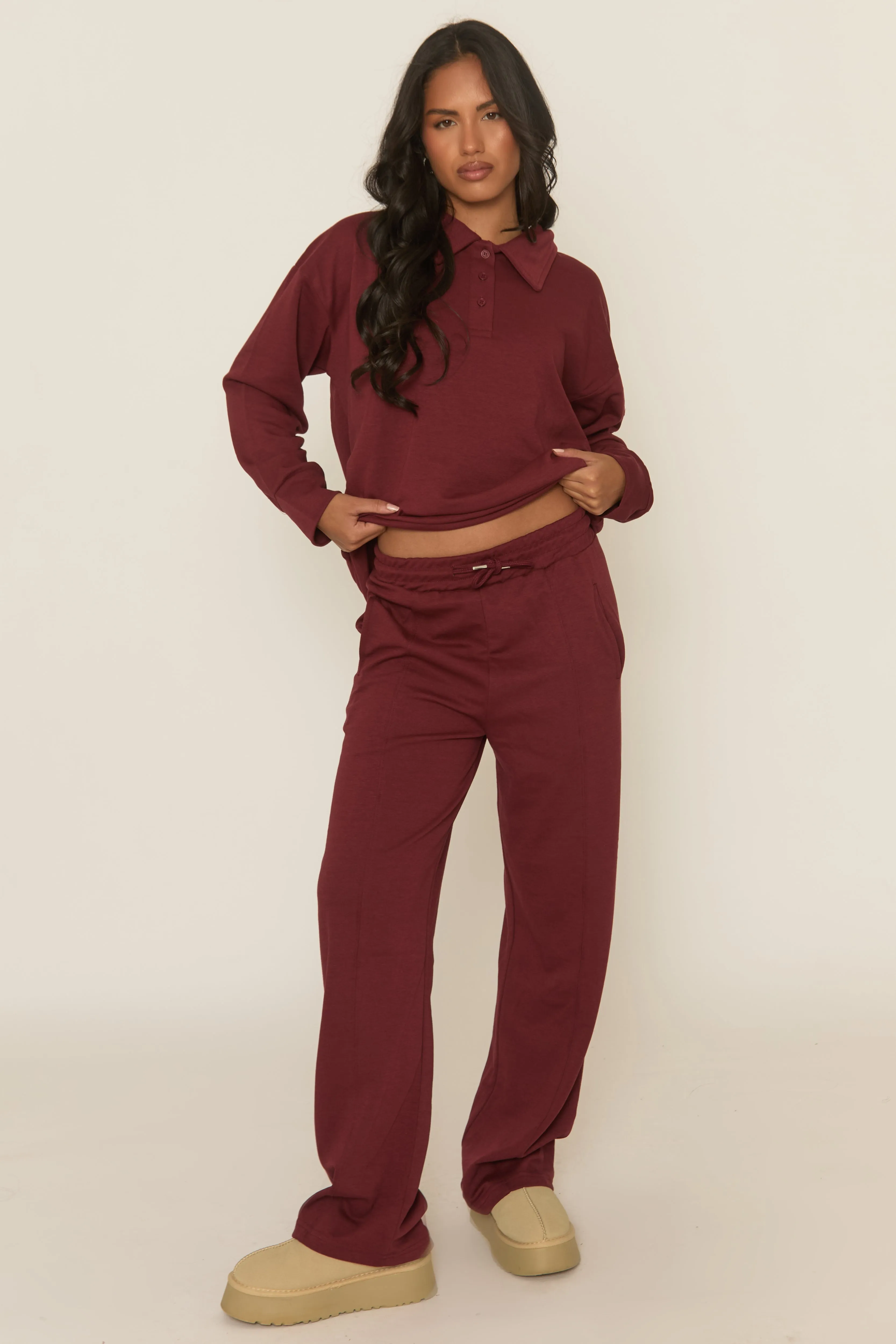 Wine Polo Collared Loungewear Co-ord Set - Madisyn sold by Rebellious Fashion product image thumbnail 2