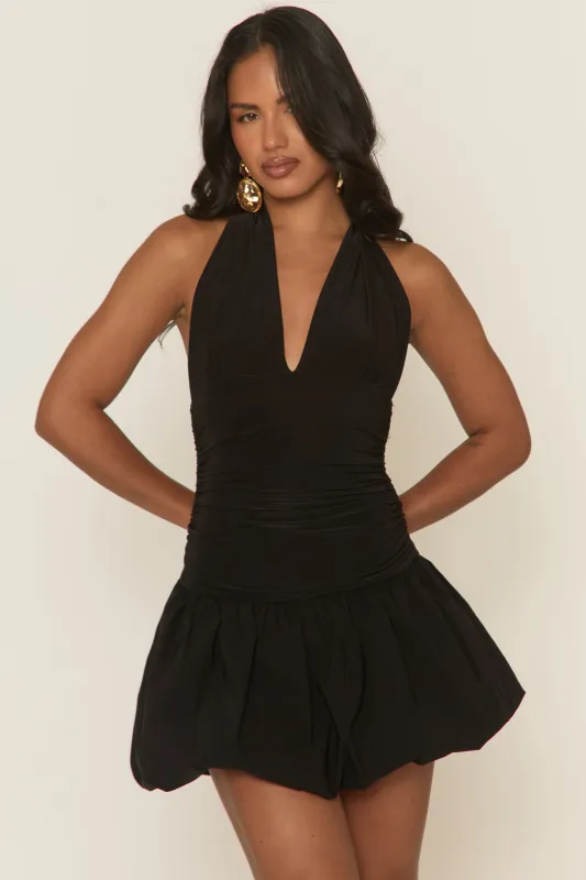 Black Halter Puffball Mini Dress - Yalana sold by Rebellious Fashion