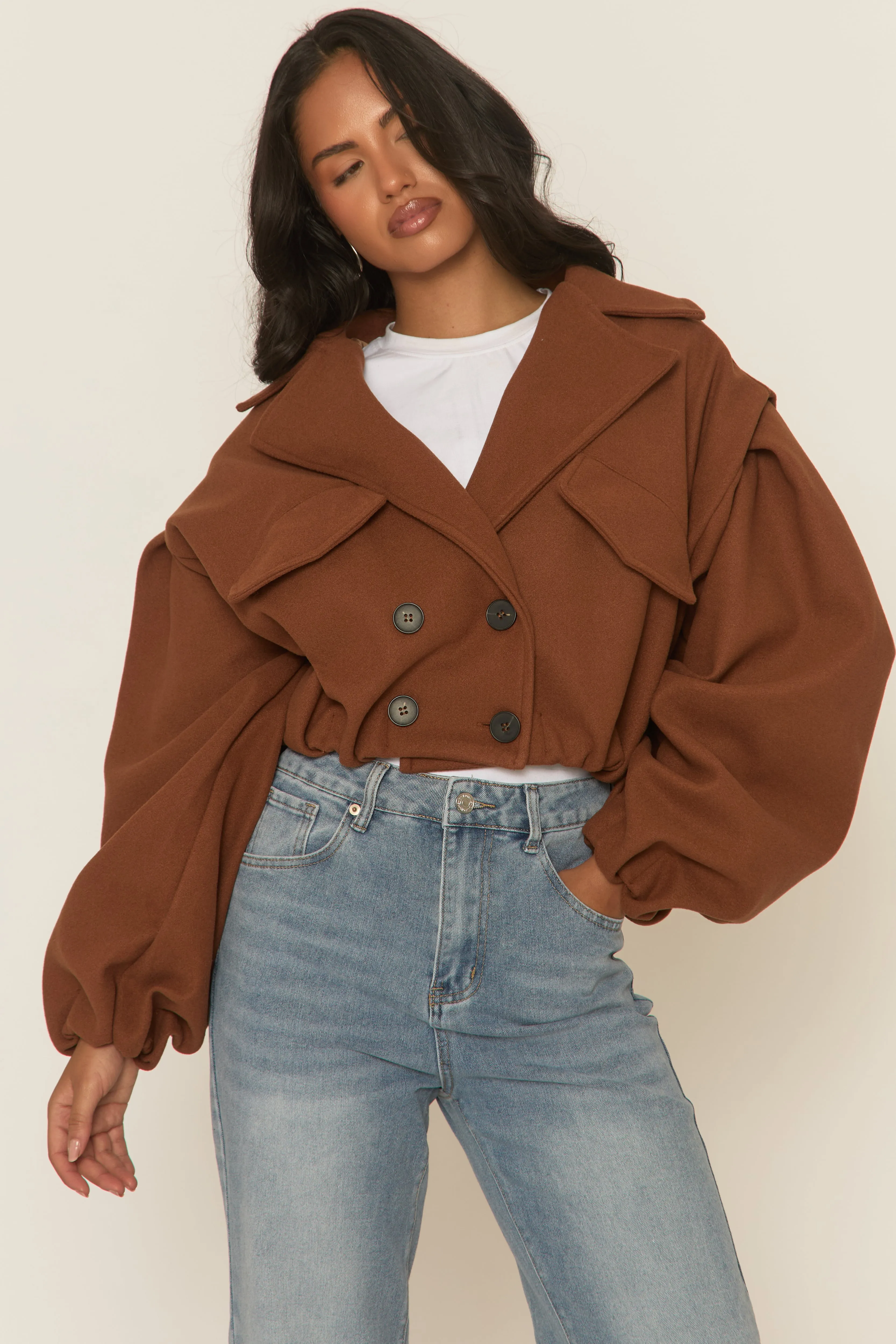 Brown Wool Look Double Breasted Cropped Trench Coat - Sharlina sold by Rebellious Fashion product image thumbnail 2