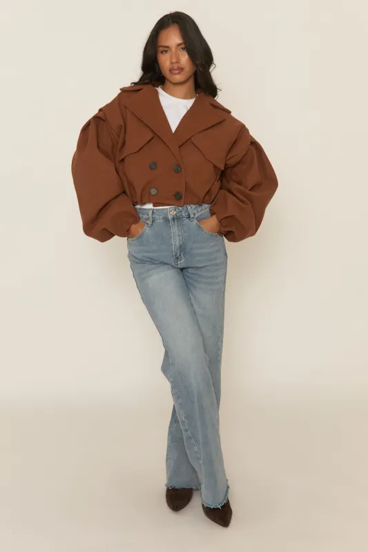 Brown Wool Look Double Breasted Cropped Trench Coat - Sharlina sold by Rebellious Fashion