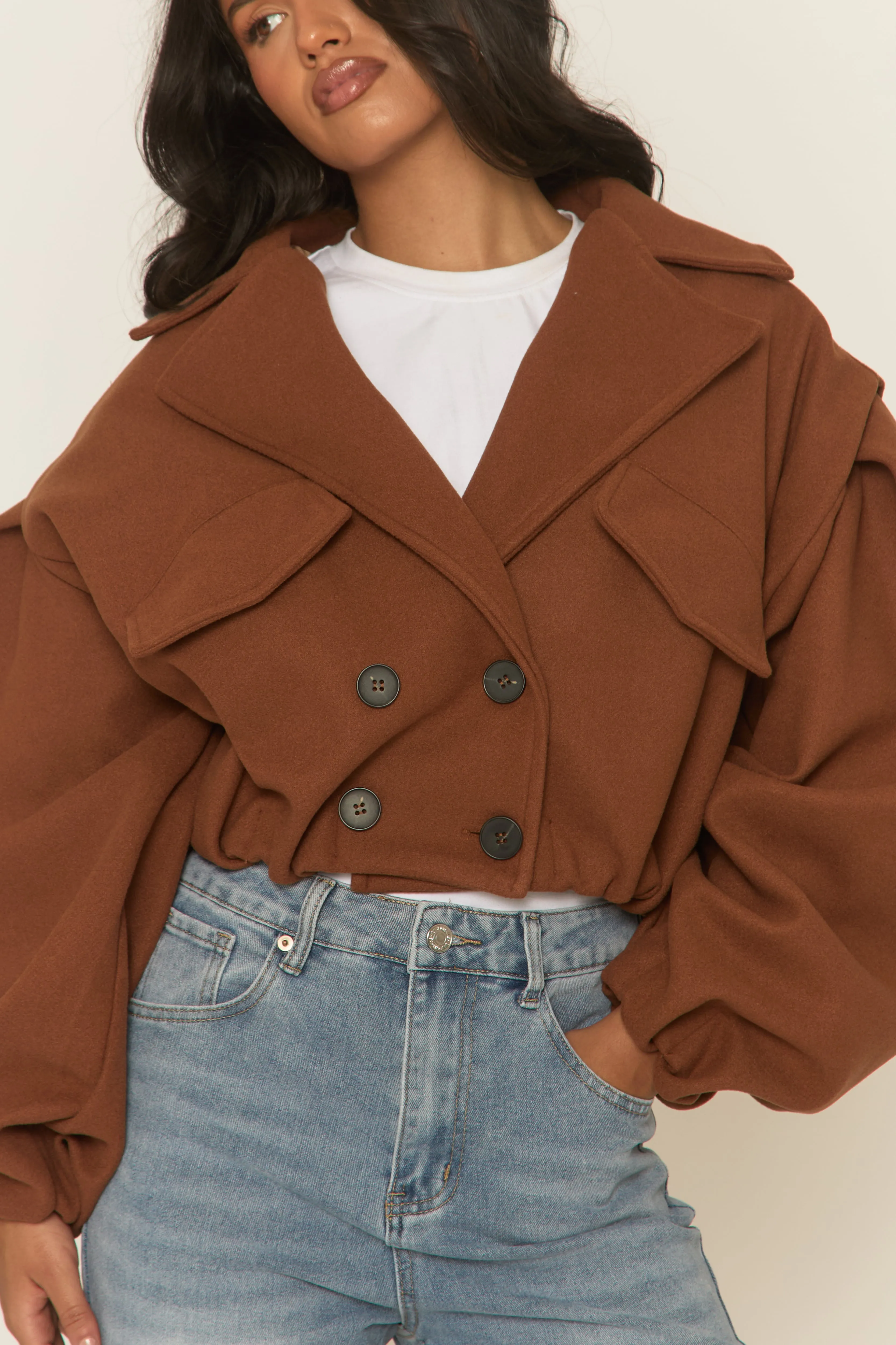 Brown Wool Look Double Breasted Cropped Trench Coat - Sharlina sold by Rebellious Fashion product image thumbnail 4
