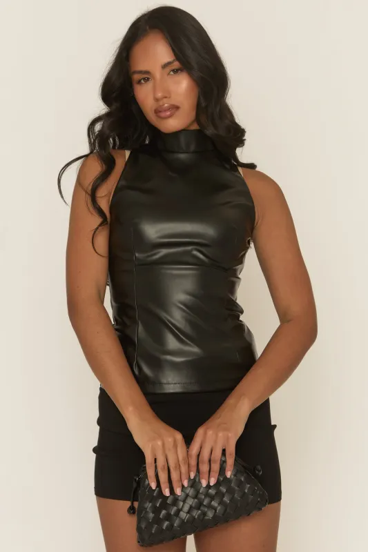 Black Faux Leather High Neck Top - Renella sold by Rebellious Fashion