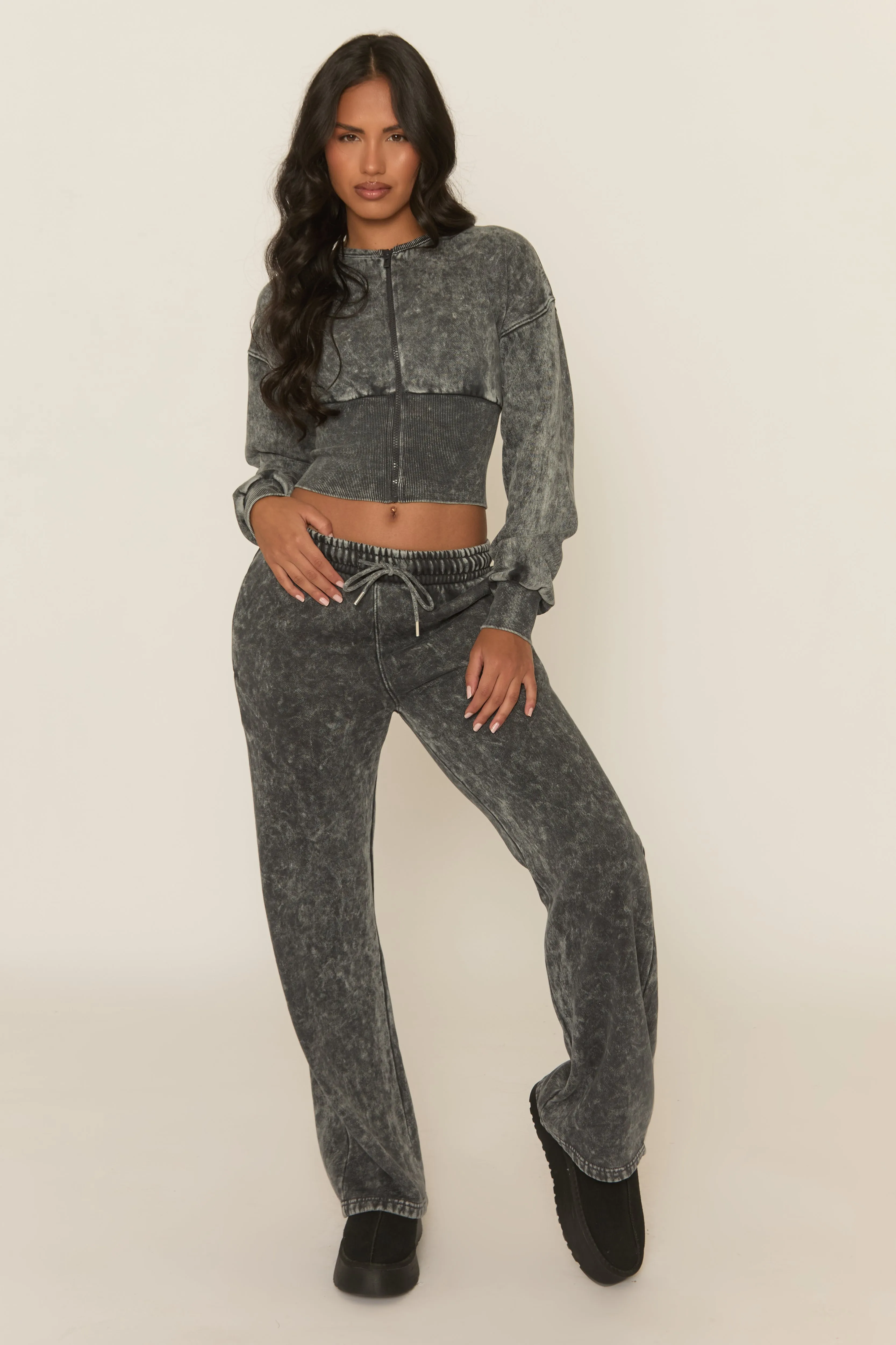 Charcoal Acid Wash Cinched Waist Jacket and Joggers Loungewear Co-ord Set - Andra sold by Rebellious Fashion