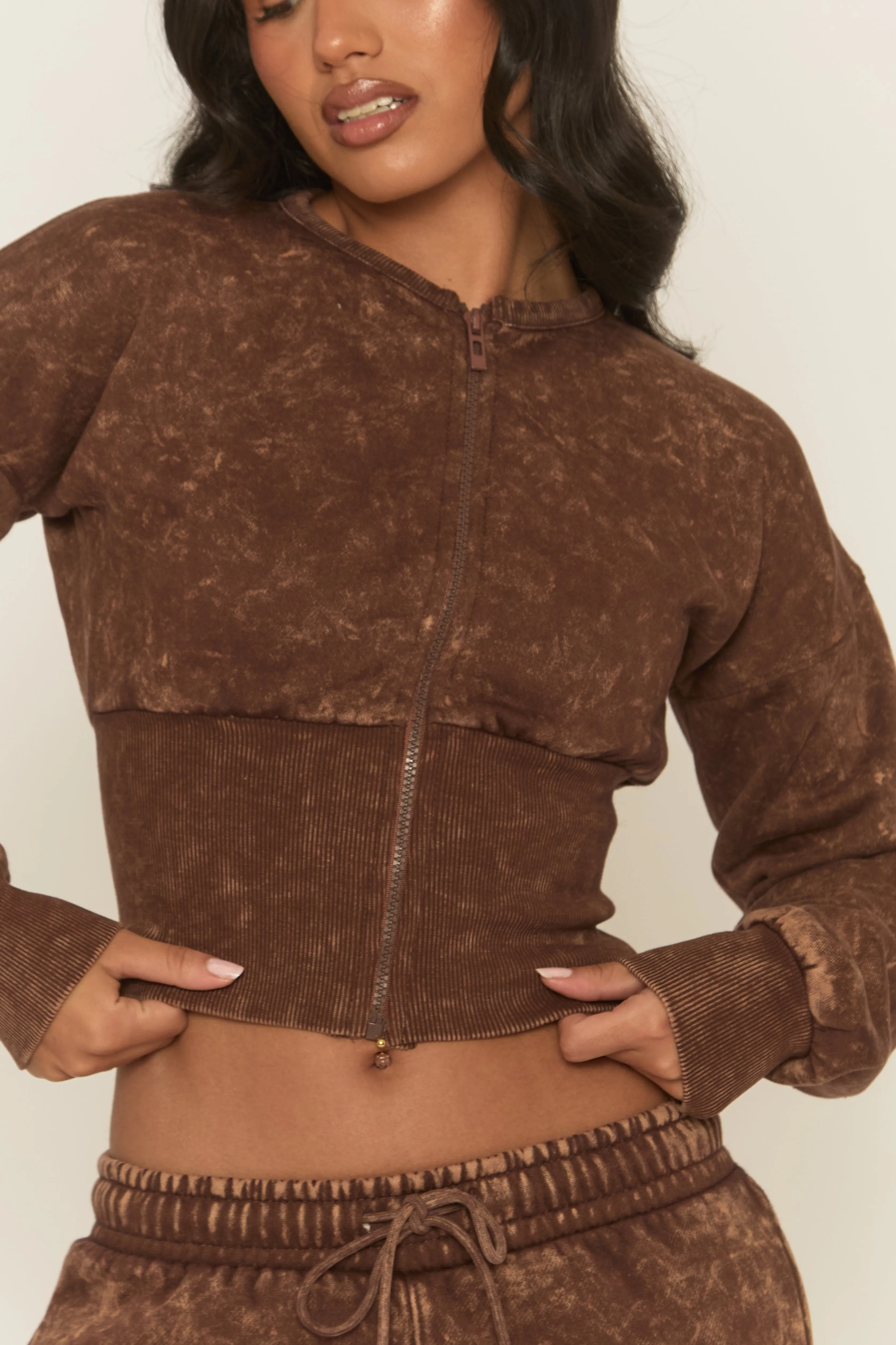 Brown Acid Wash Cinched Waist Jacket and Joggers Loungewear Co-ord Set - Andra sold by Rebellious Fashion product image thumbnail 4