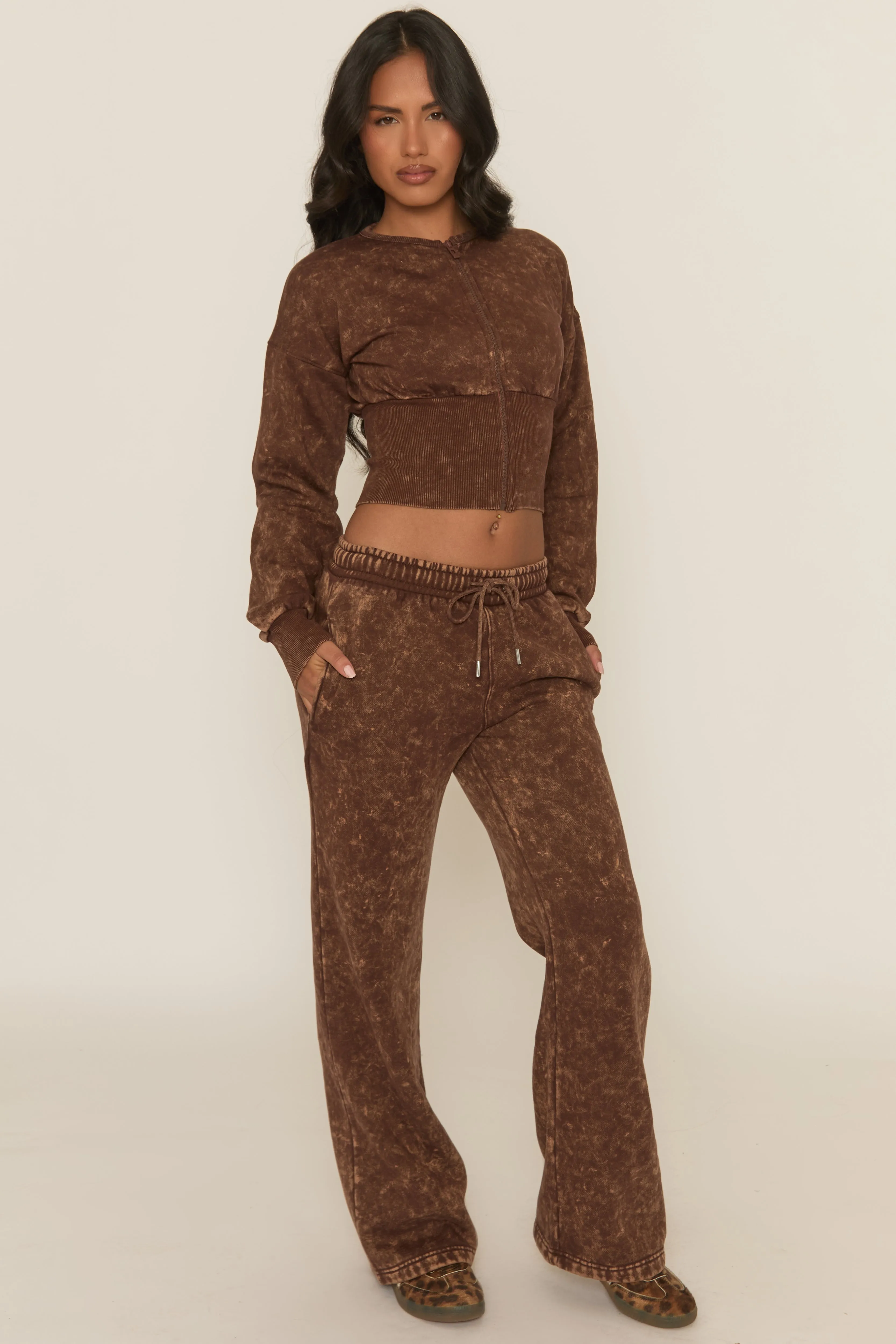 Brown Acid Wash Cinched Waist Jacket and Joggers Loungewear Co-ord Set - Andra sold by Rebellious Fashion product image thumbnail 2