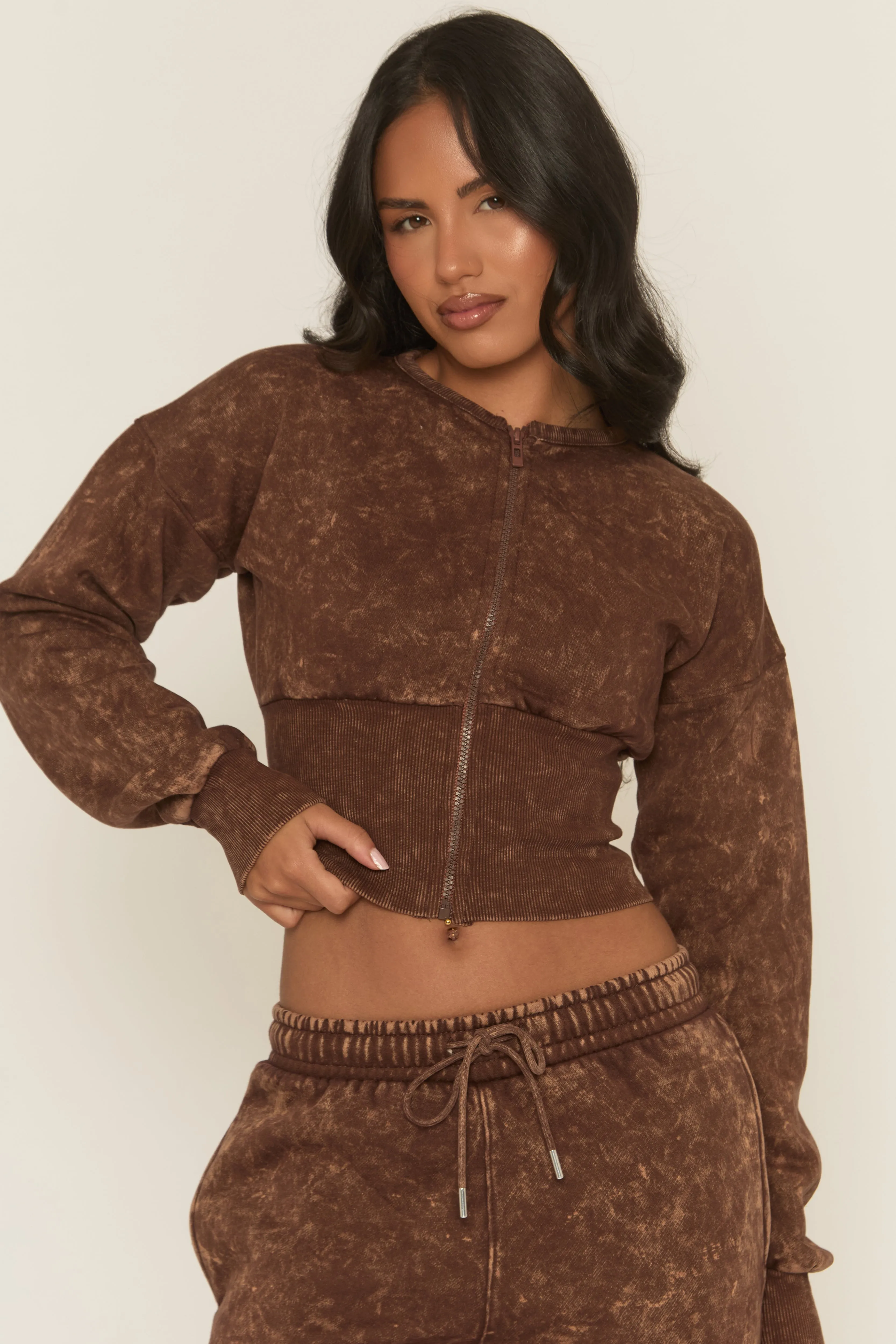 Brown Acid Wash Cinched Waist Jacket and Joggers Loungewear Co-ord Set - Andra sold by Rebellious Fashion product image thumbnail 3
