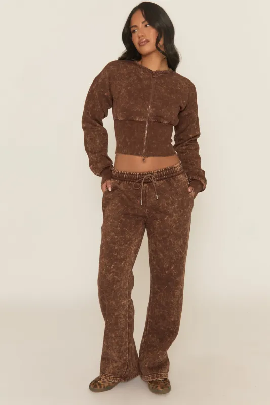 Brown Acid Wash Cinched Waist Jacket and Joggers Loungewear Co-ord Set - Andra sold by Rebellious Fashion