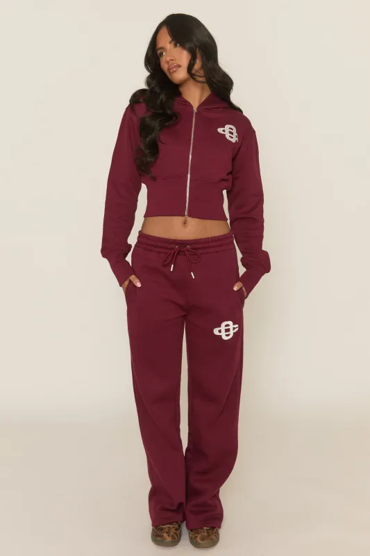 Wine Contrast Motif Cropped Hoodie and Joggers Loungewear Set - Sameen sold by Rebellious Fashion