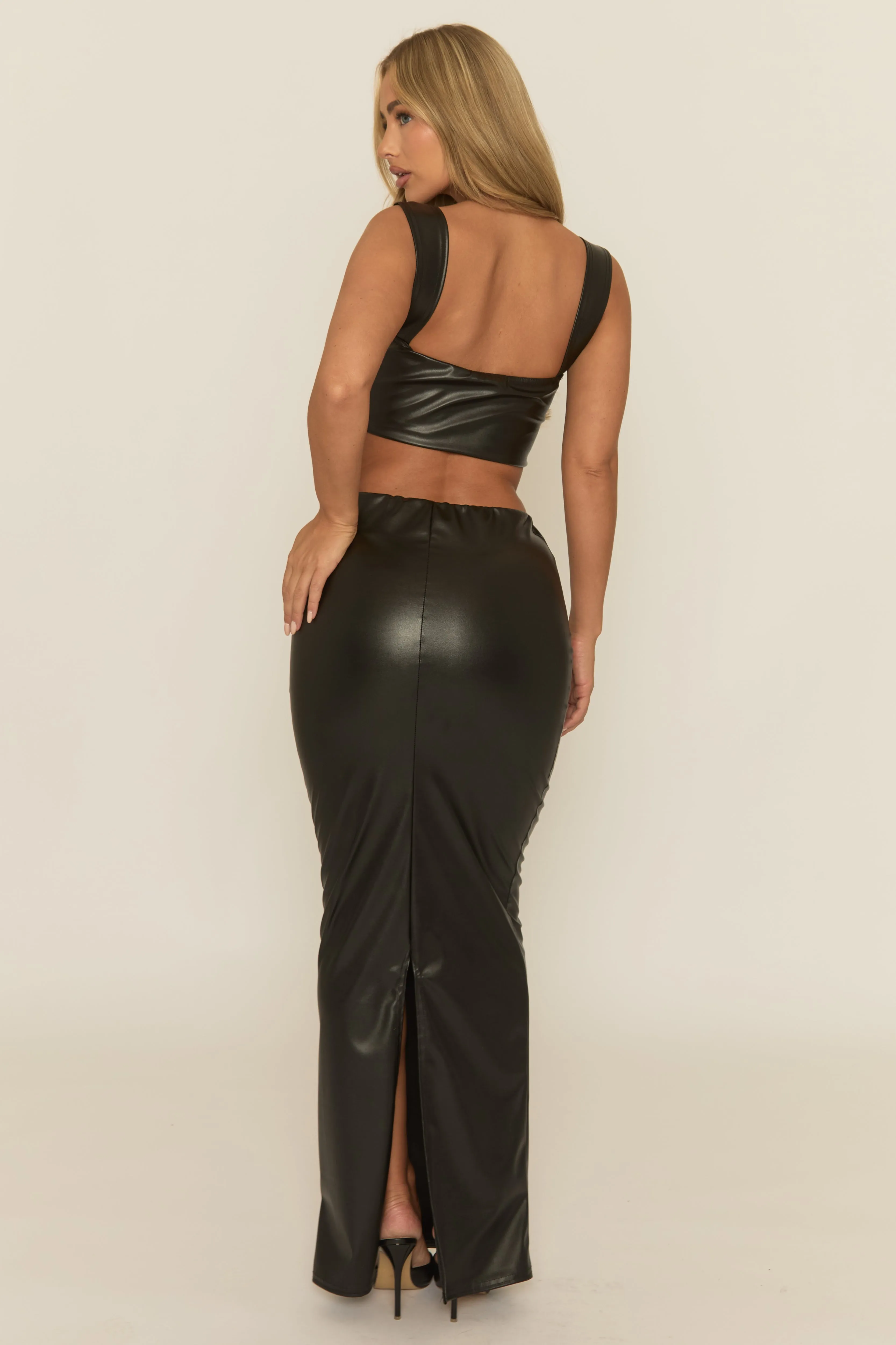 Black PU Crop Top and Maxi Skirt Co-ord Set - Karlea sold by Rebellious Fashion product image thumbnail 5