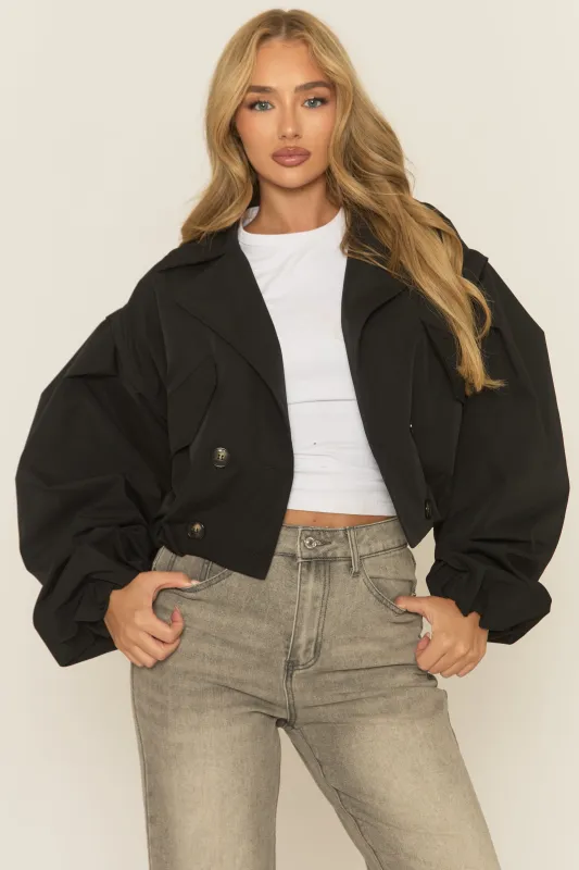 Black Double Breasted Cropped Trench Coat - Kienna sold by Rebellious Fashion