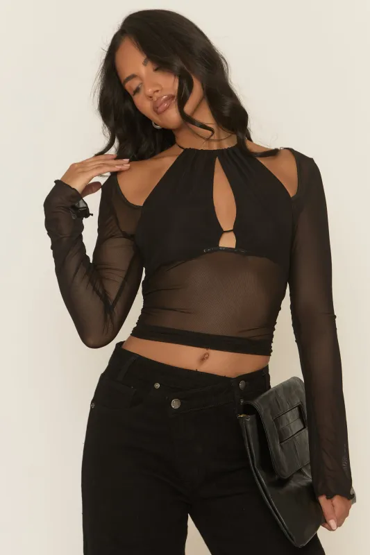 Black Mesh Long Sleeve Cut Out Top - Jody sold by Rebellious Fashion