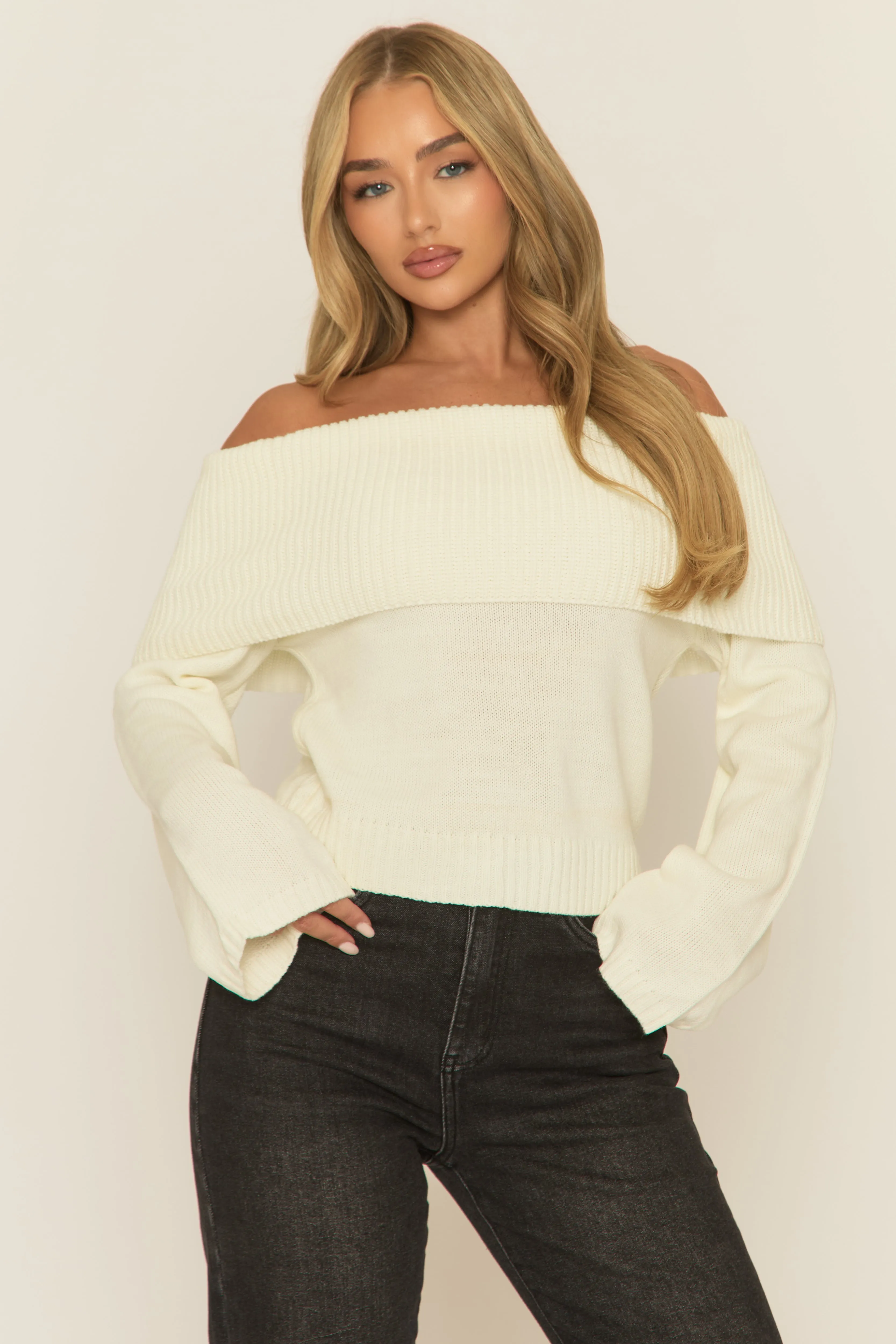 Cream Bardot Knit Jumper - Aleeza sold by Rebellious Fashion product image thumbnail 3