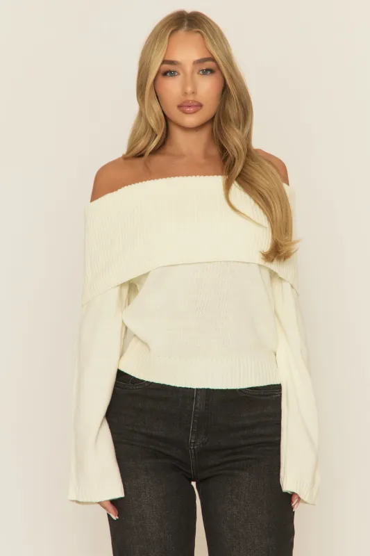 Cream Bardot Knit Jumper - Aleeza sold by Rebellious Fashion