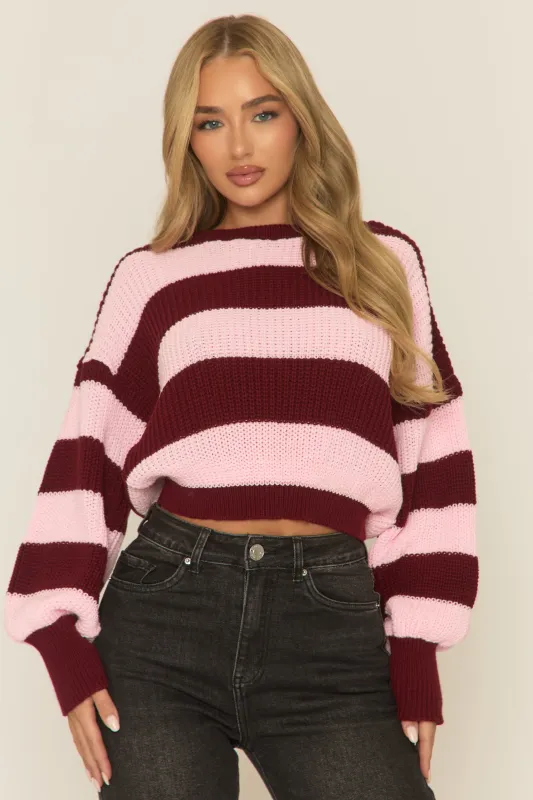 Pink Stripe Cropped Knit Oversized Jumper - Ciara sold by Rebellious Fashion