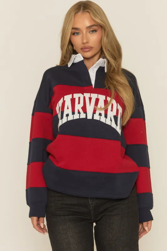 Navy Stripe Slogan Collared Sweater - Nisha sold by Rebellious Fashion