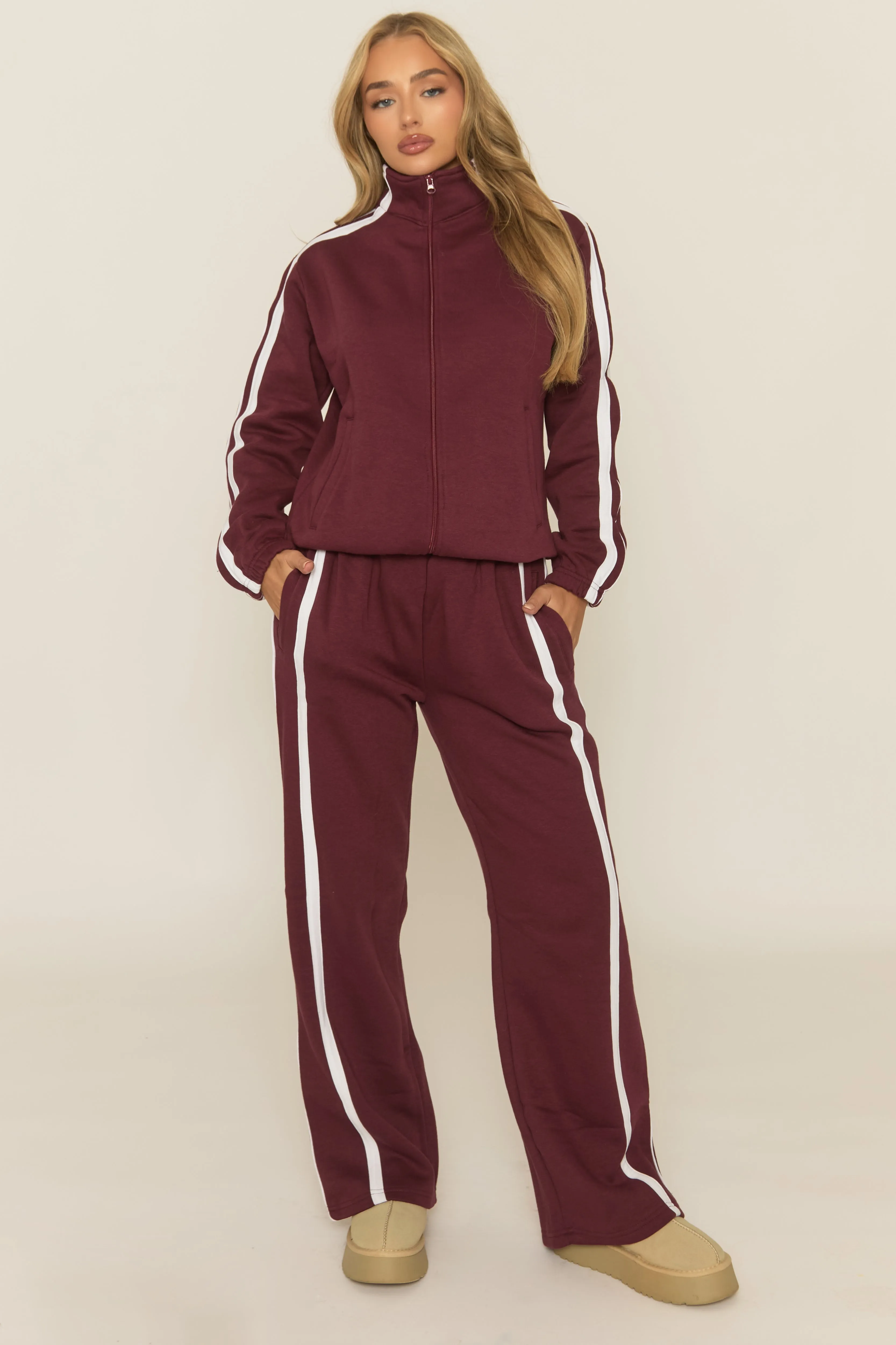 Wine Contrast Stripe Jacket and Joggers Loungewear Co-ord Set - Denika sold by Rebellious Fashion