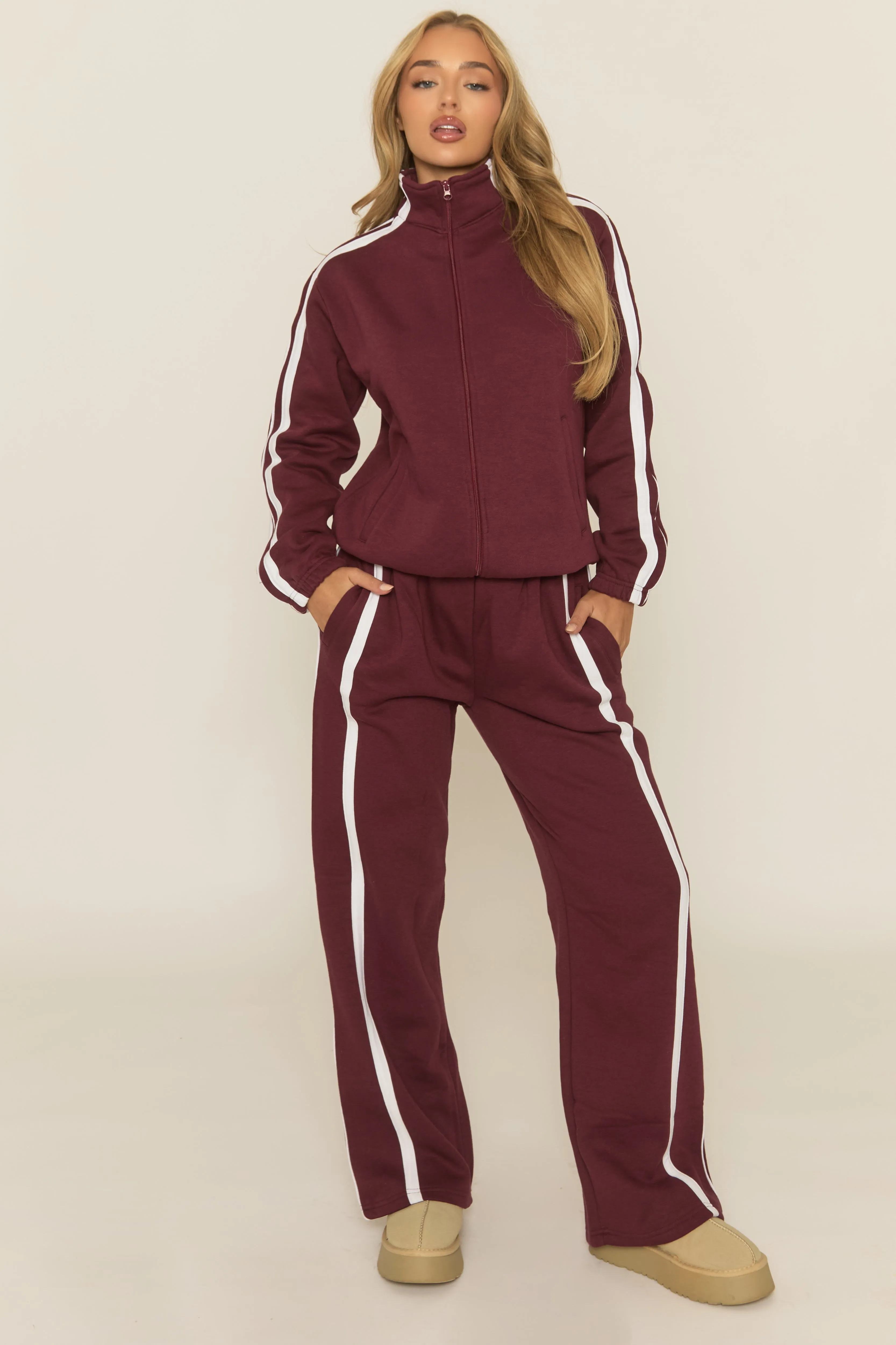 Wine Contrast Stripe Jacket and Joggers Loungewear Co-ord Set - Denika sold by Rebellious Fashion product image thumbnail 2