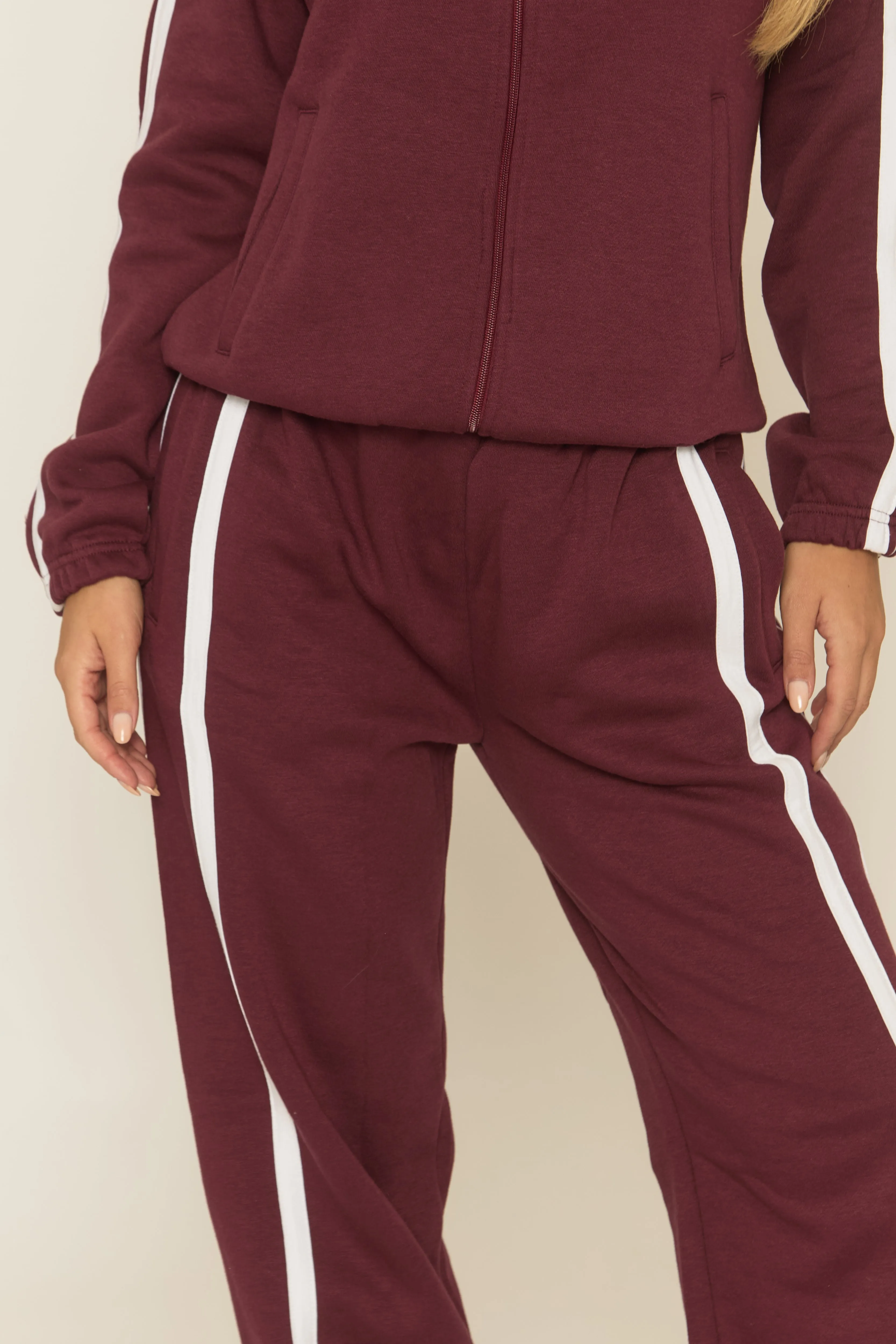 Wine Contrast Stripe Jacket and Joggers Loungewear Co-ord Set - Denika sold by Rebellious Fashion product image thumbnail 4