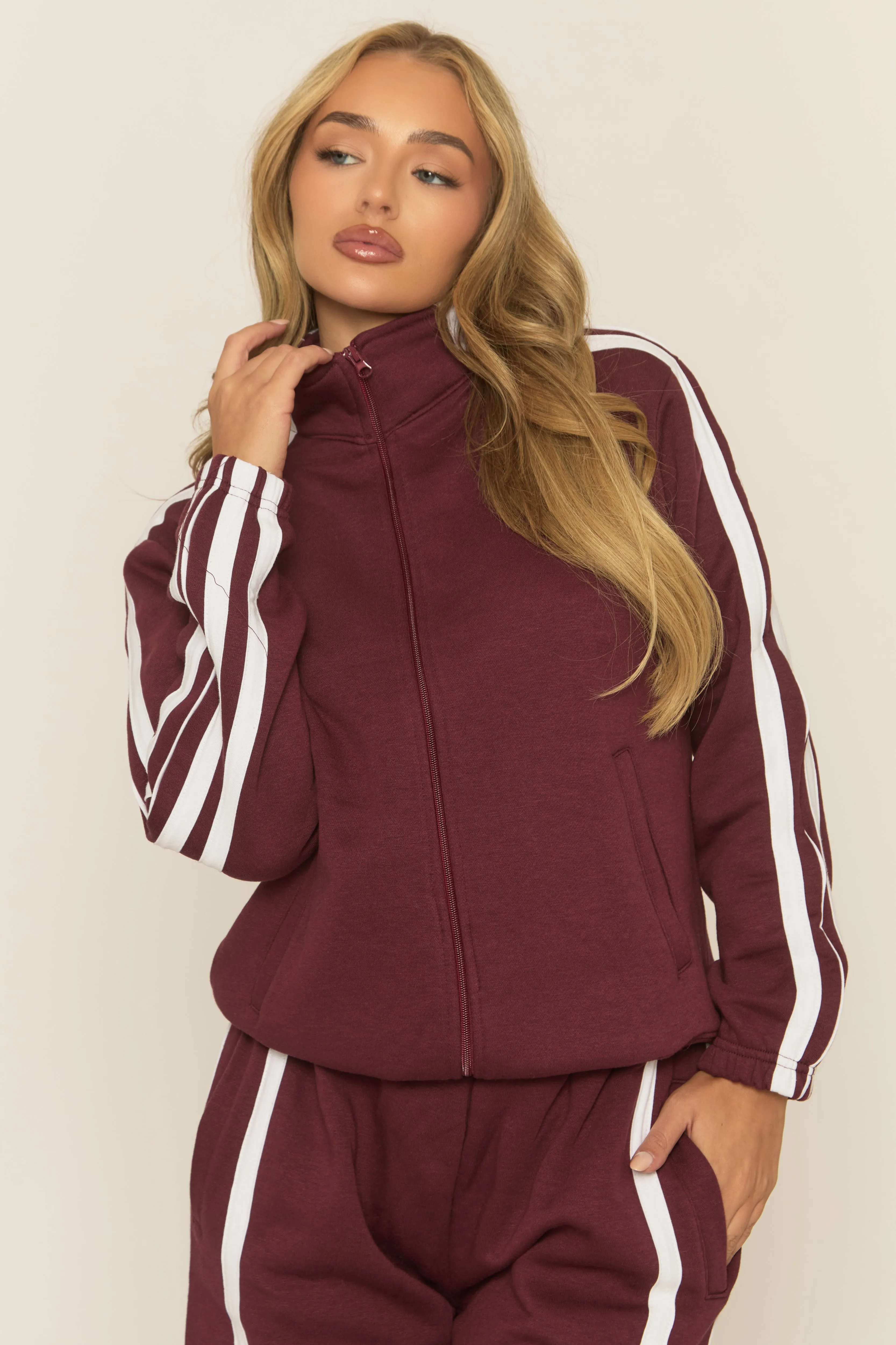 Wine Contrast Stripe Jacket and Joggers Loungewear Co-ord Set - Denika sold by Rebellious Fashion product image thumbnail 3