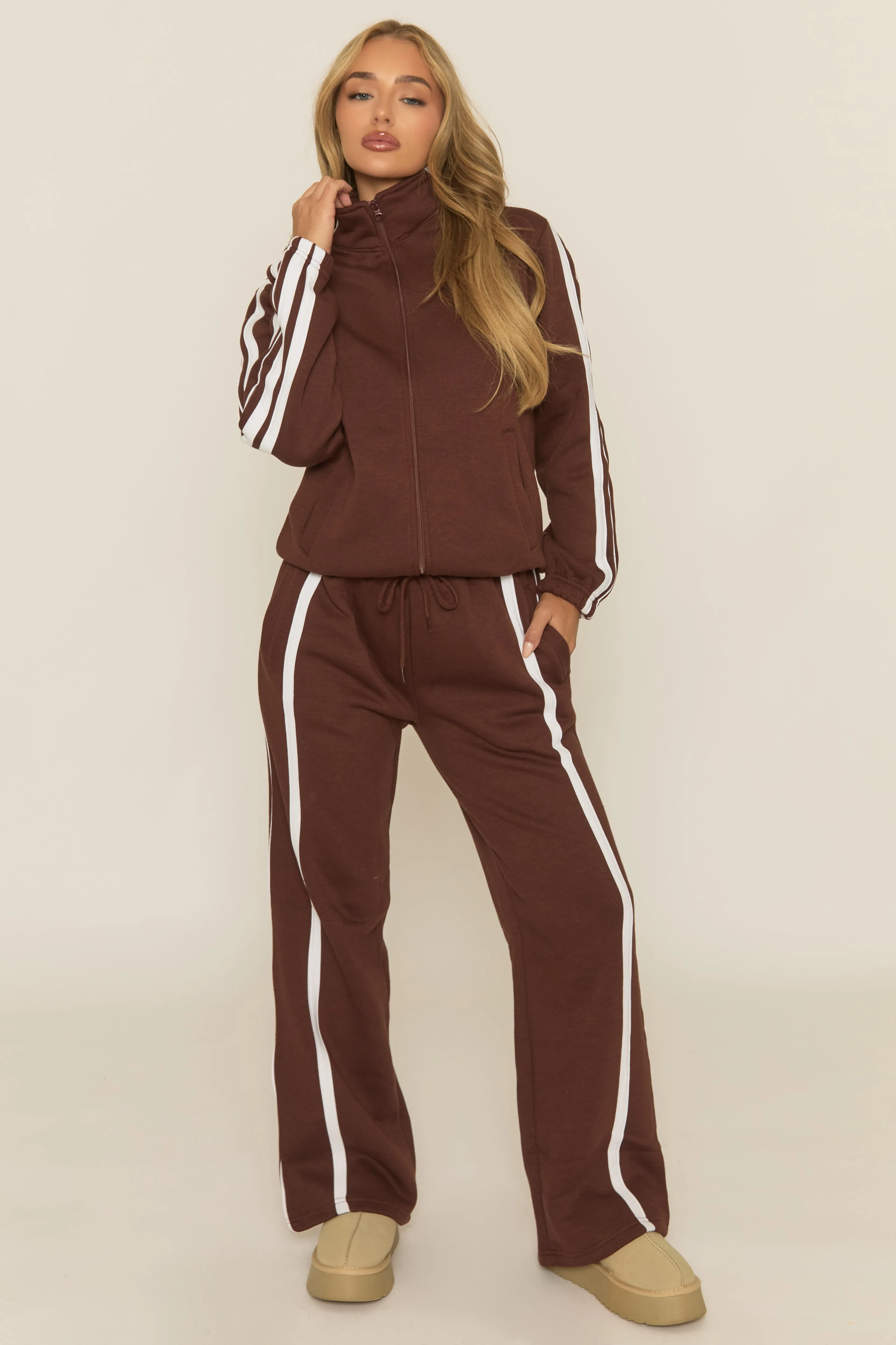 Chocolate Contrast Stripe Jacket and Joggers Loungewear Co-ord Set - Denika sold by Rebellious Fashion product image thumbnail 2