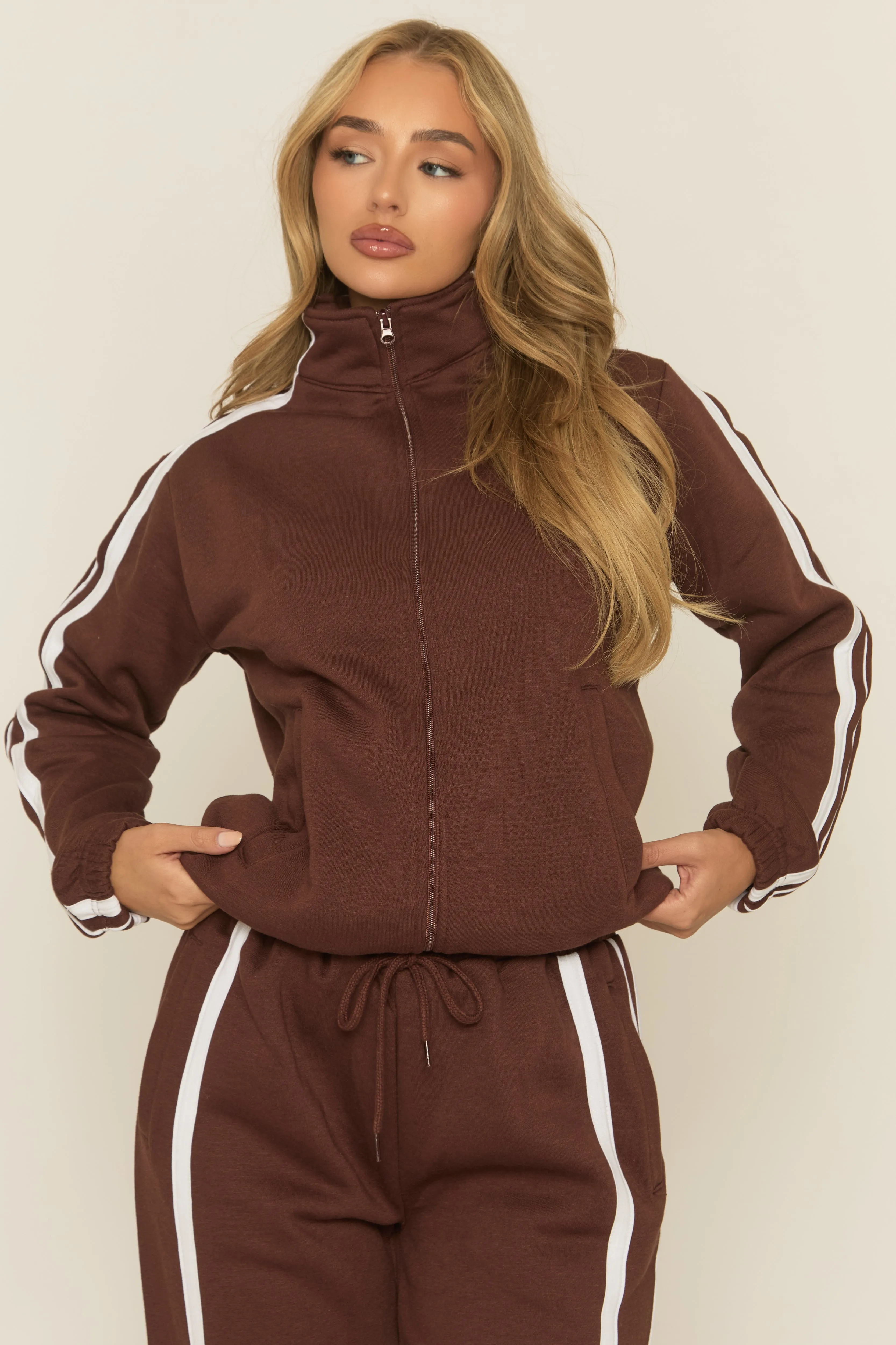 Chocolate Contrast Stripe Jacket and Joggers Loungewear Co-ord Set - Denika sold by Rebellious Fashion product image thumbnail 3